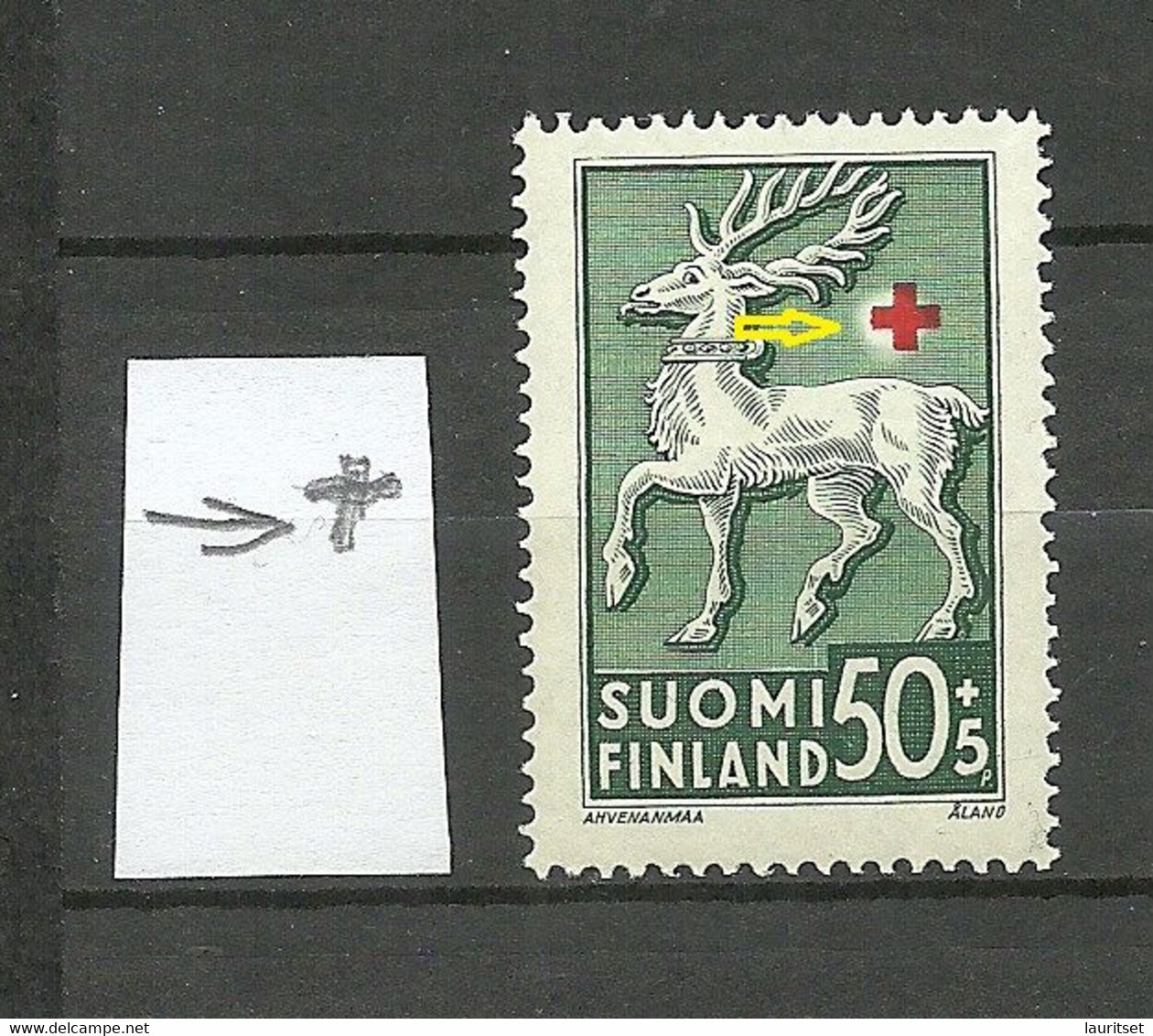 FINLAND FINNLAND 1942 Michel 254 MNH Error Variety Abart = Shifted Red Print (cross) - Abarten Und Kuriositäten
