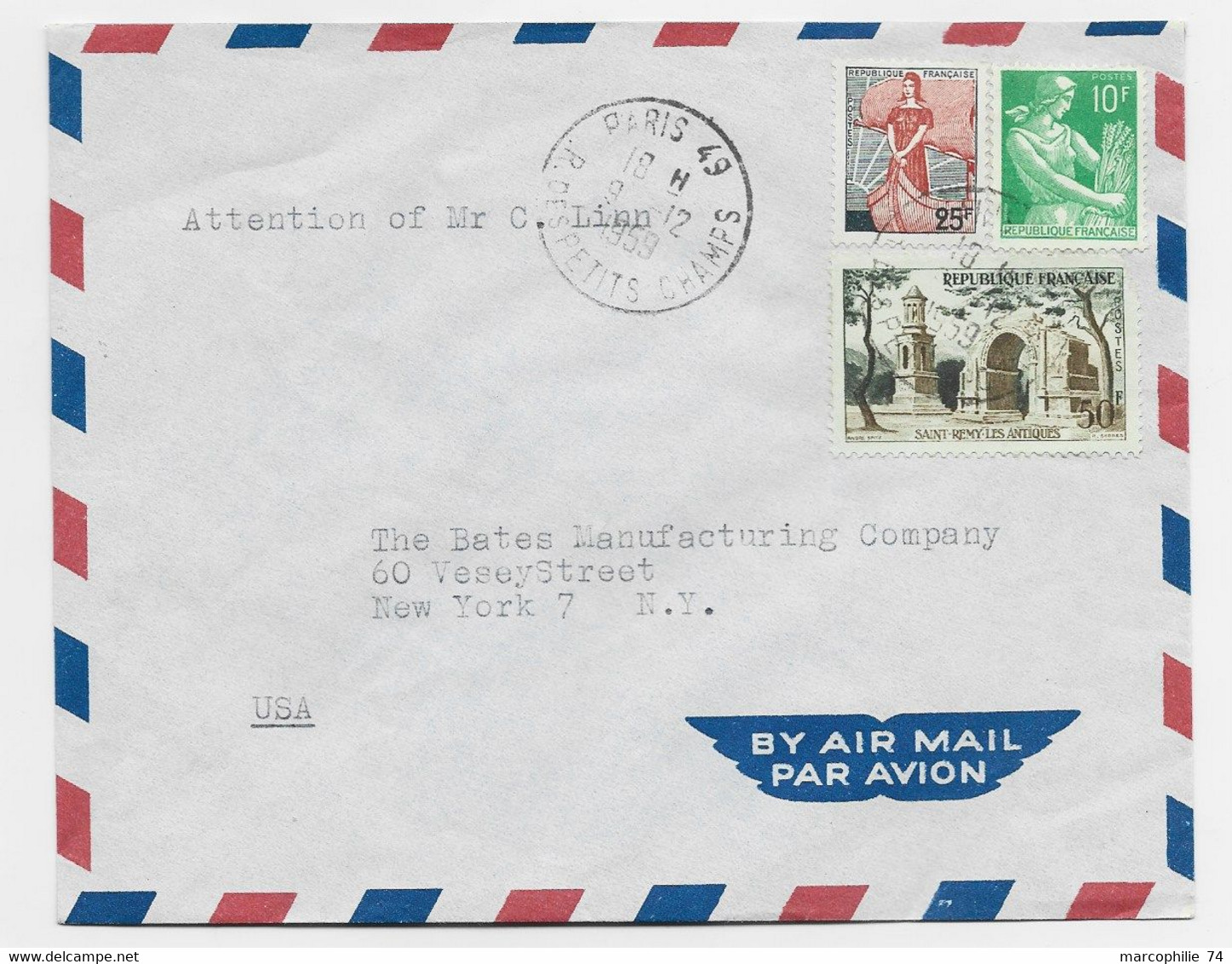 FRANCE MARIANNE A LE NEF 25FR+N° 1130+ 10FR MOISSONNEUSE LETTRE AVION PARIS 49 9.12.1959 POUR USA AU TARIF - 1959-1960 Marianne à La Nef