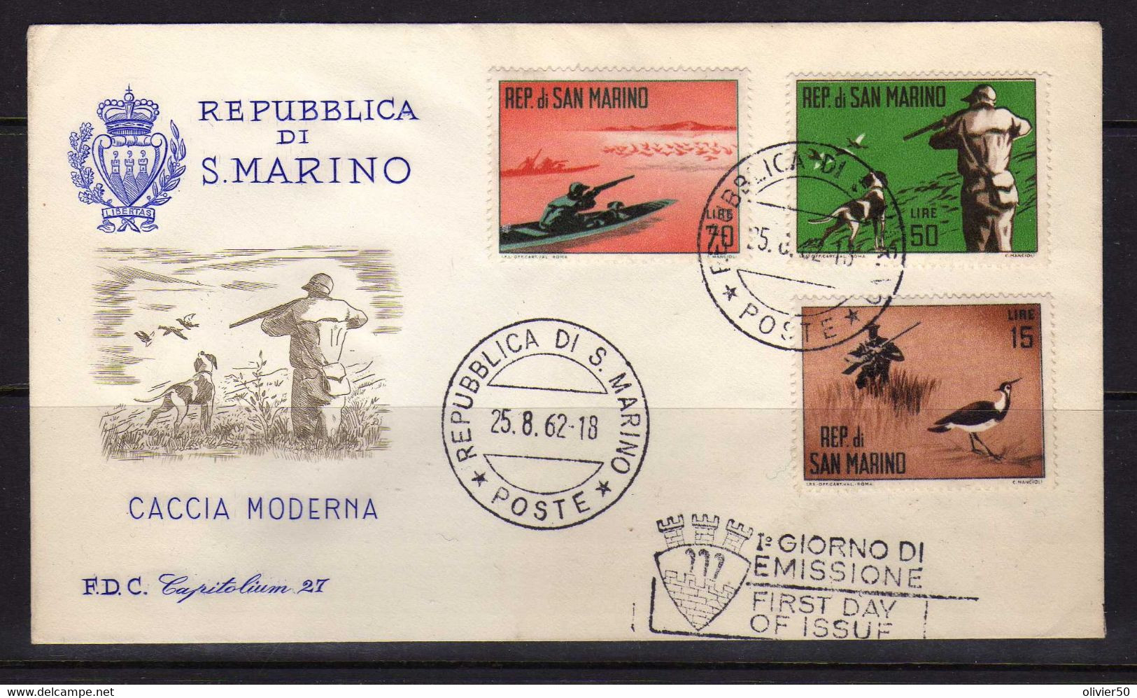 Saint-Marin - 1962 -  3 FDC La Chasse Moderne - Storia Postale