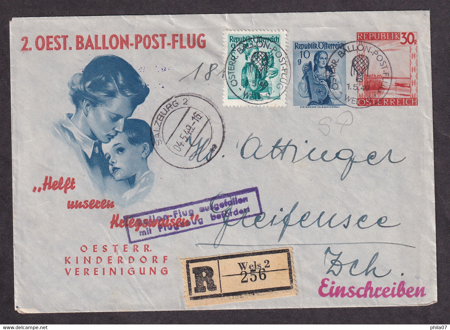 AUSTRIA - 8 Ballonpost 1949, Envelope With Imprinte Value Additionally Franked And Sent From Wels To Swit....  / 2 Scan - Balloon Covers