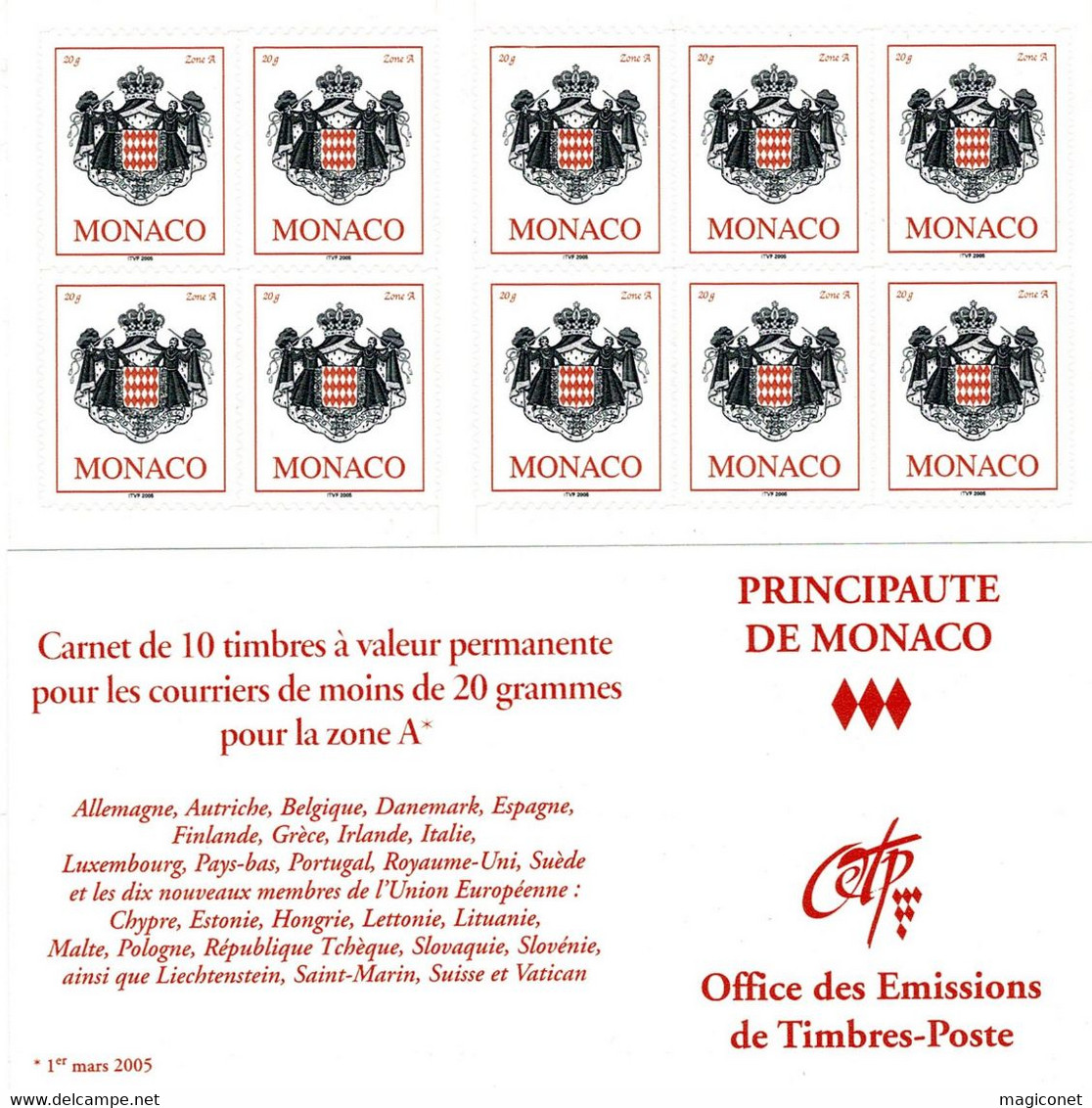 Monaco - Carnet De 10 Timbres "Zone A"   Autocollants - Y&T  N°15** - 2005 - Booklets