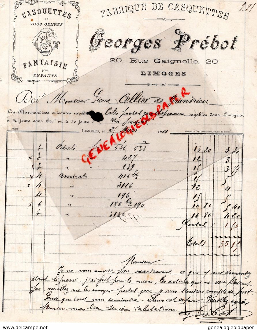 87- LIMOGES- FACTURE GEORGES PREBOT -FABRIQUE CASQUETTES- 20 RUE GAIGNOLLE -1901- PIERRE CELLIER DE GRANDRIEU - Kleidung & Textil