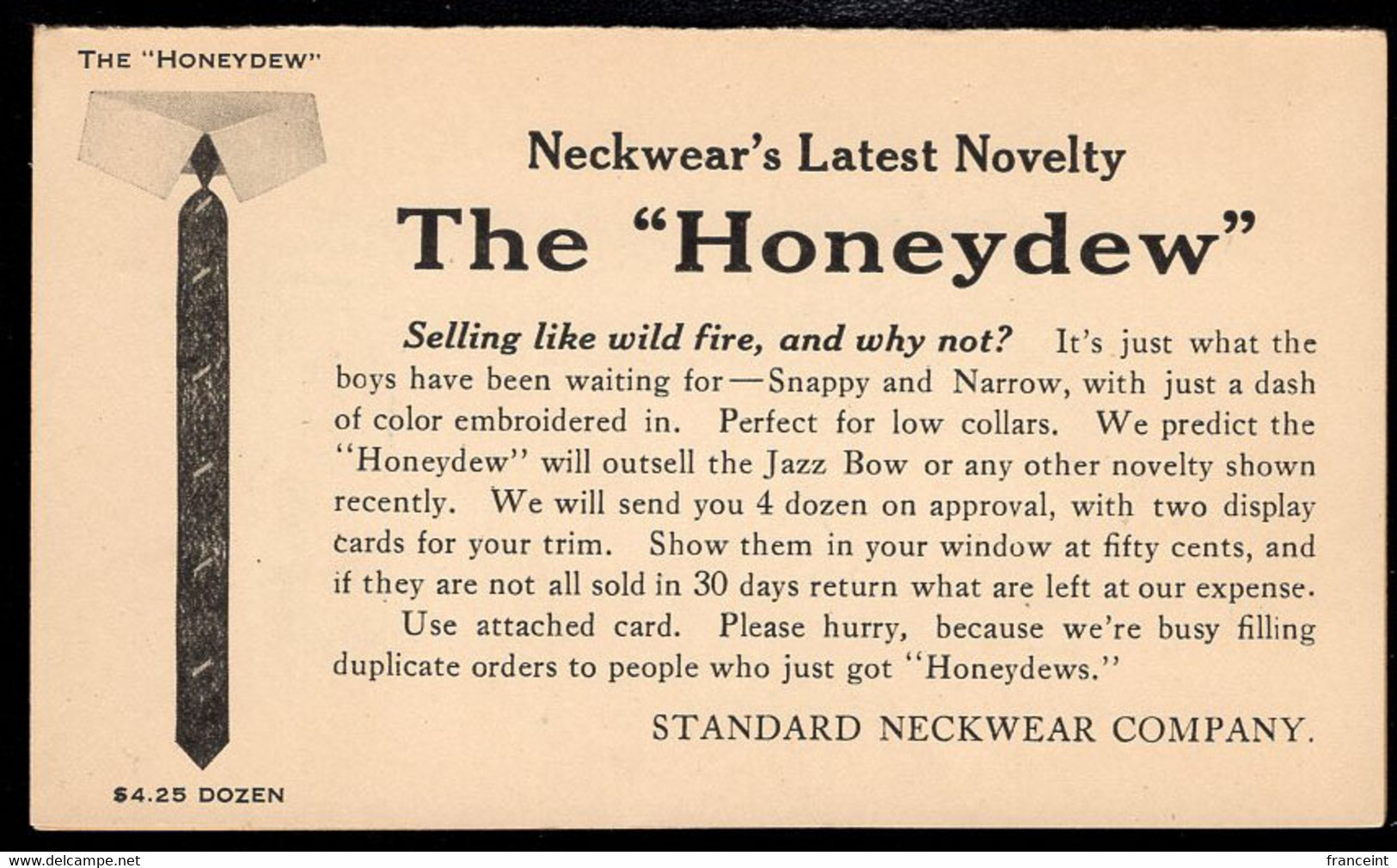 ETATS UNIS(1921) Cravate. Col. Entier Publicitaire à 1 Cent Avec Réponse Payée . "Standard Neckwear Company." - 1921-40