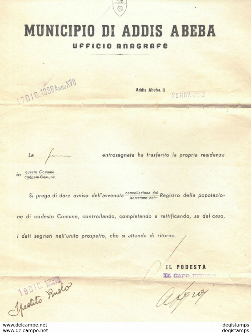 Italy / Ethiopia Cover 1938 ☀ Postal History / Public Notice / Ufficio Anagrafe - Ethiopie