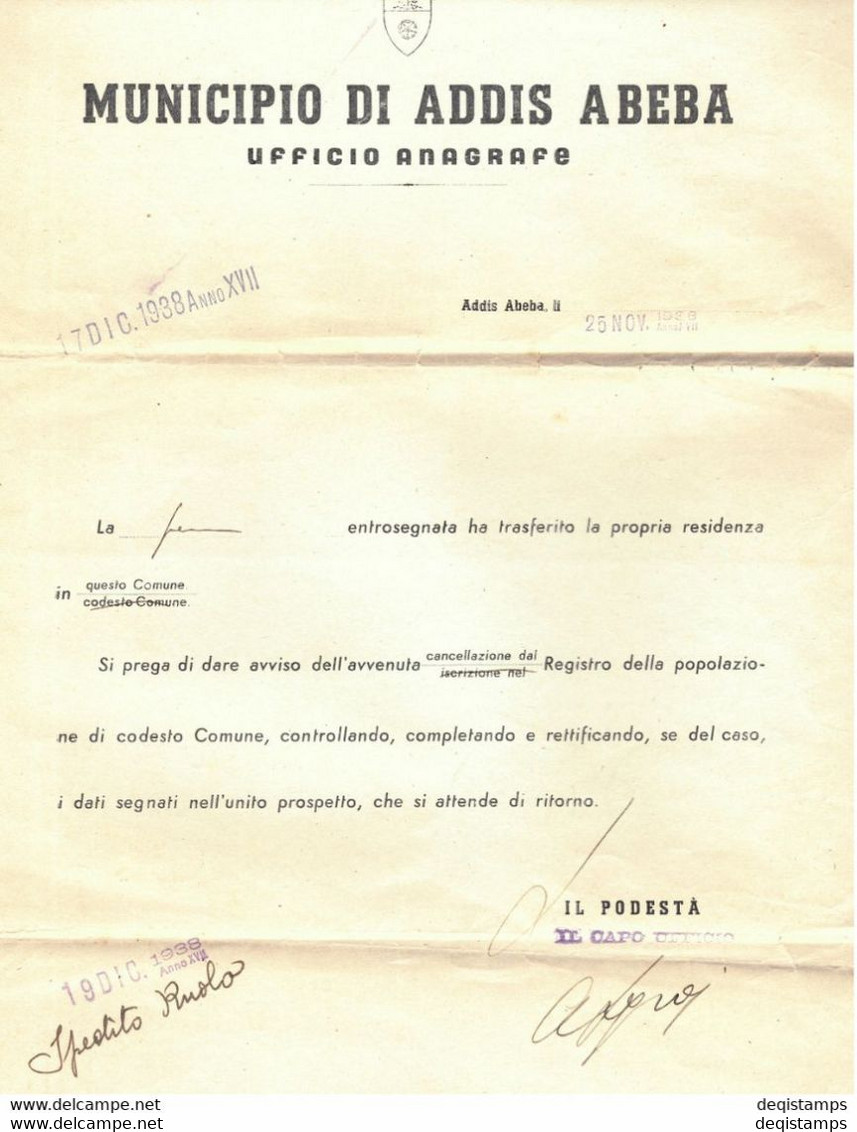 Italy / Ethiopia Cover 1938 ☀ Postal History / Public Notice / Ufficio Anagrafe - Aethiopien