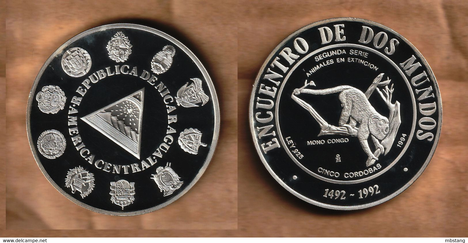 NICARAGUA  5 Córdobas (Congo Monkey) 1994  Ibero-American Series II Silver (.925) • 27 G • ⌀ 40 Mm KM# 86 - Nicaragua