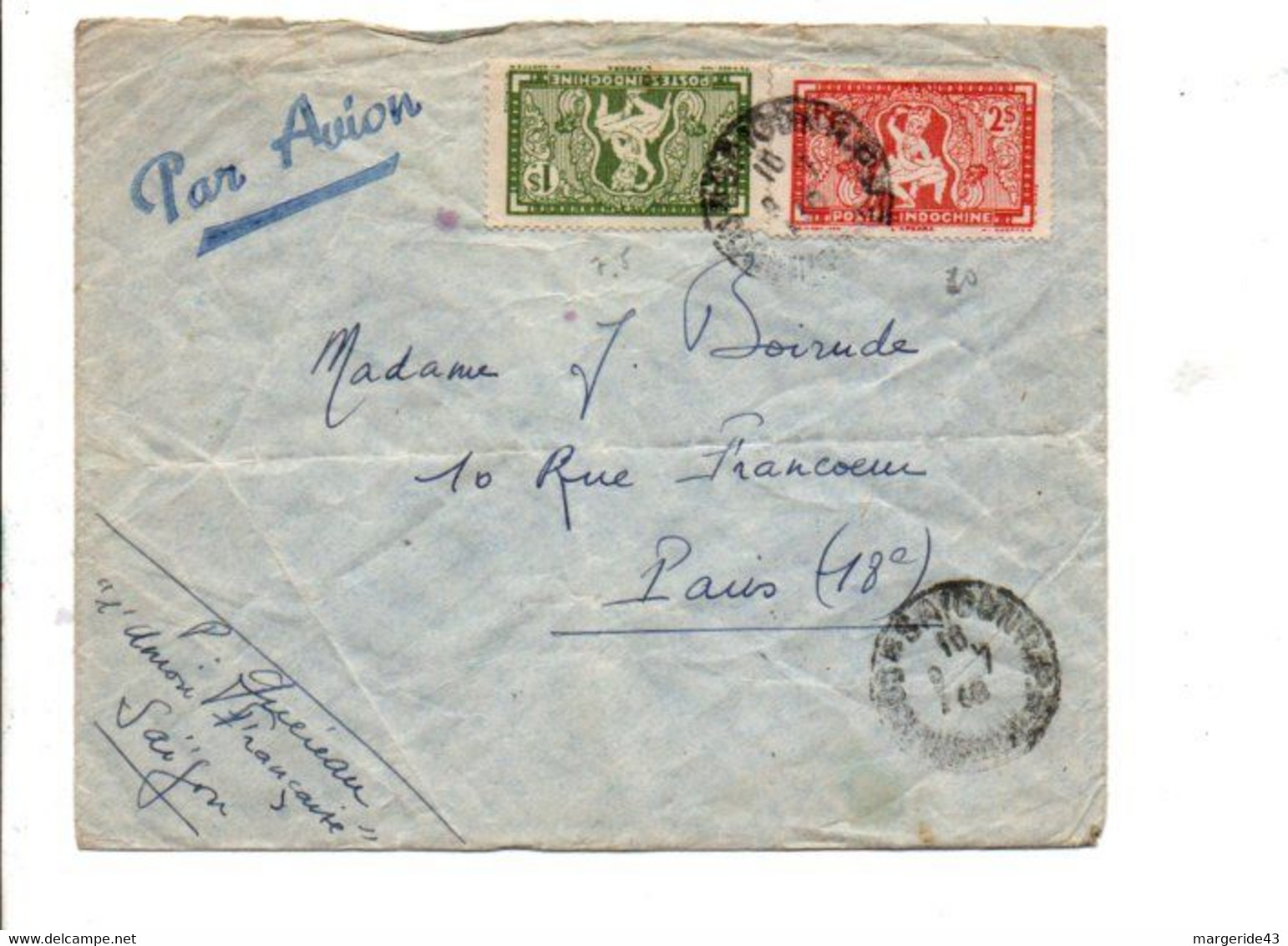 COCHINCHINE AFFRANCHISSEMENT COMPOSE SUR LETTRE DE SAÏGON POUR LA FRANCE 1948 - Lettres & Documents