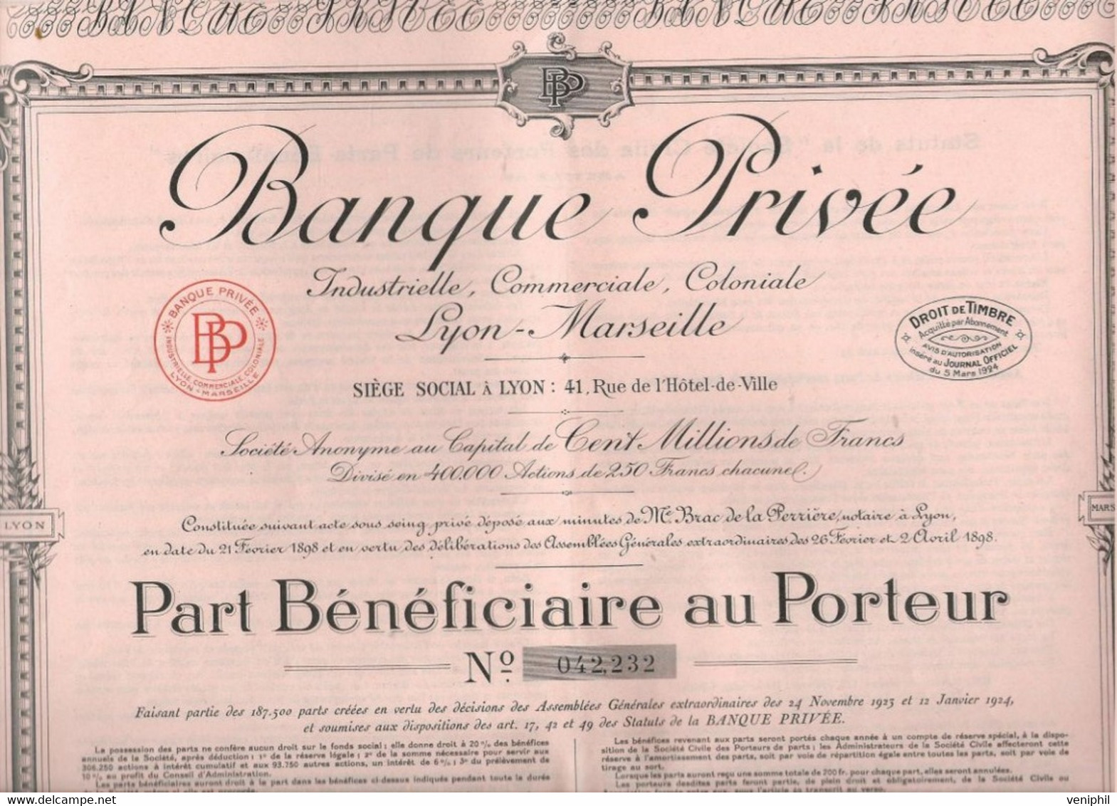 BANQUE PRIVEE INDUSTRIELLE, COMMERCIALE,COLONIALE -LYON -MARSEILLE- PART BENEFICIAIRE  ANNEE 1924 - Banca & Assicurazione