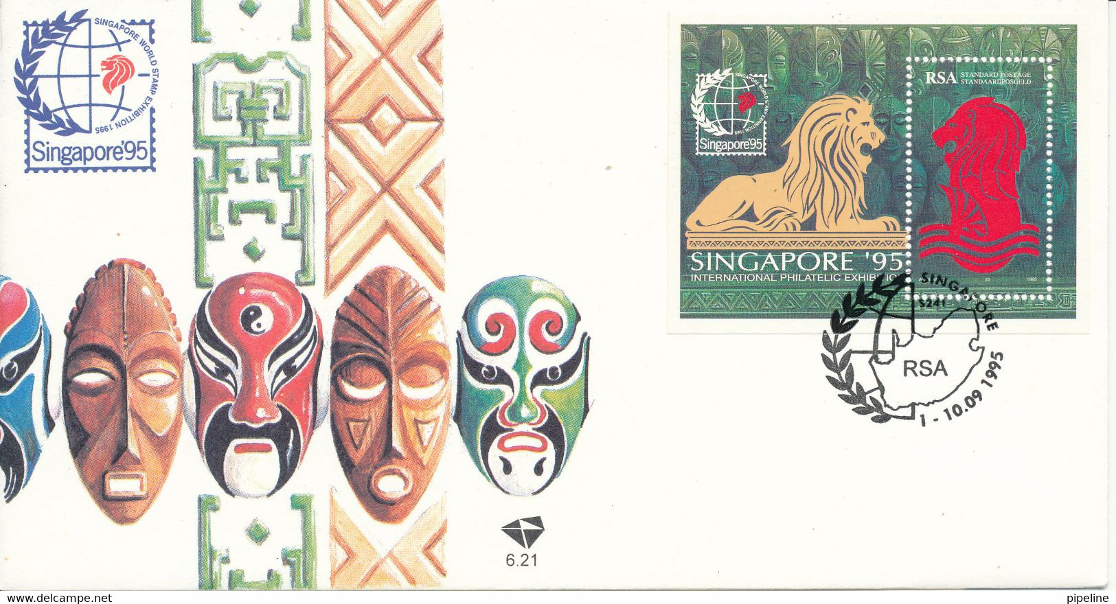 South Africa FDC 1-10-09/1995 Singapore 95 Stamp Exhibition Minisheet With LION And With Mask Cachet - Storia Postale