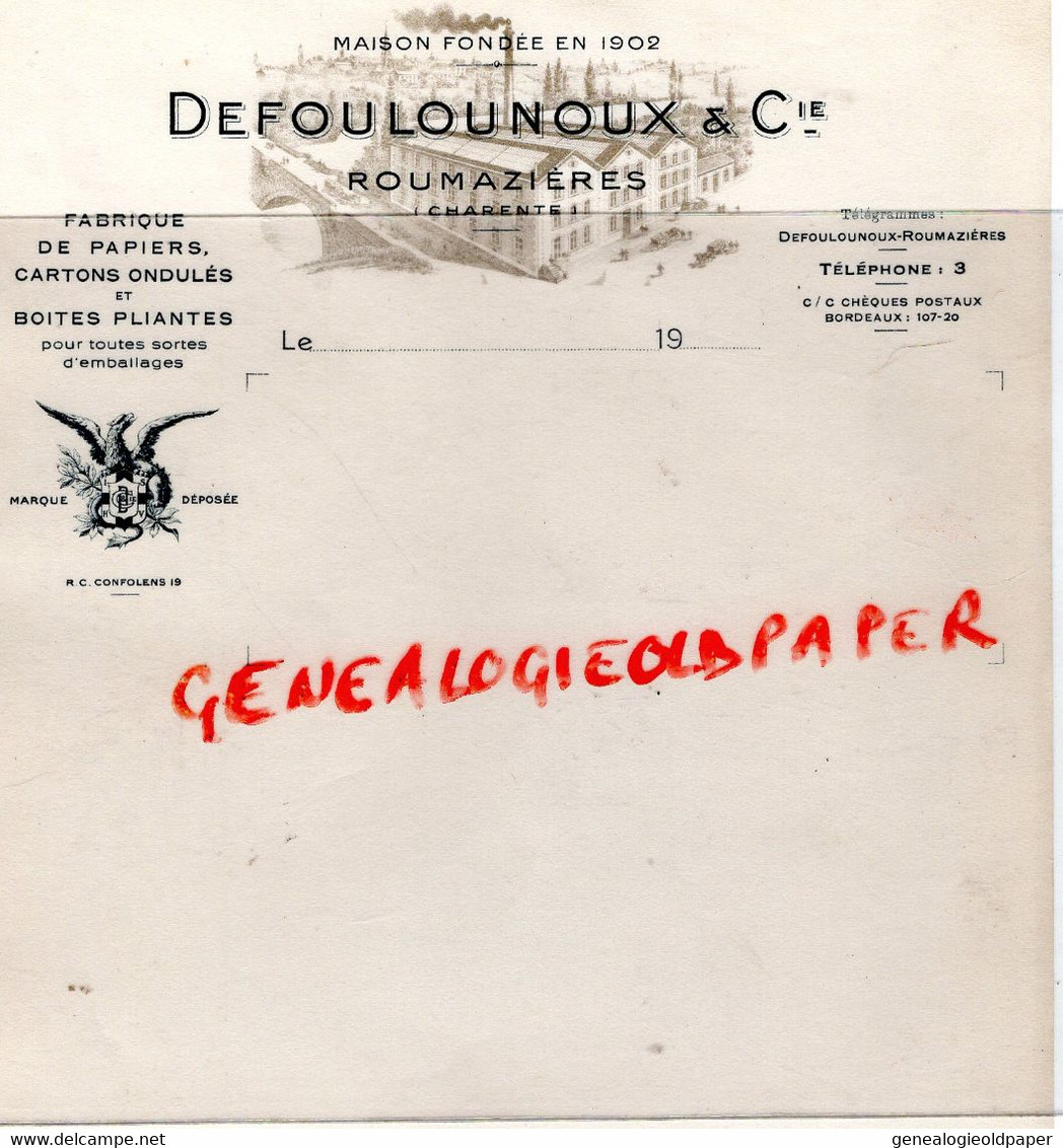 16- ROUMAZIERES- RARE LETTRE EN TETE DEFOULOUNOUX-FABRIQUE PAPIERS CARTONS ONDULES-CARTONNERIE IMPRIMERIE- - Printing & Stationeries