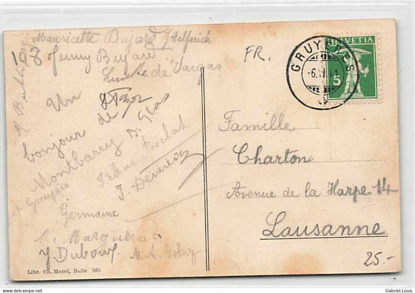 Bains De Montbarry Et Dent De Broc Et De Bourgos Faucheurs Cachet Gruyères 1911 Morel 565 - Broc