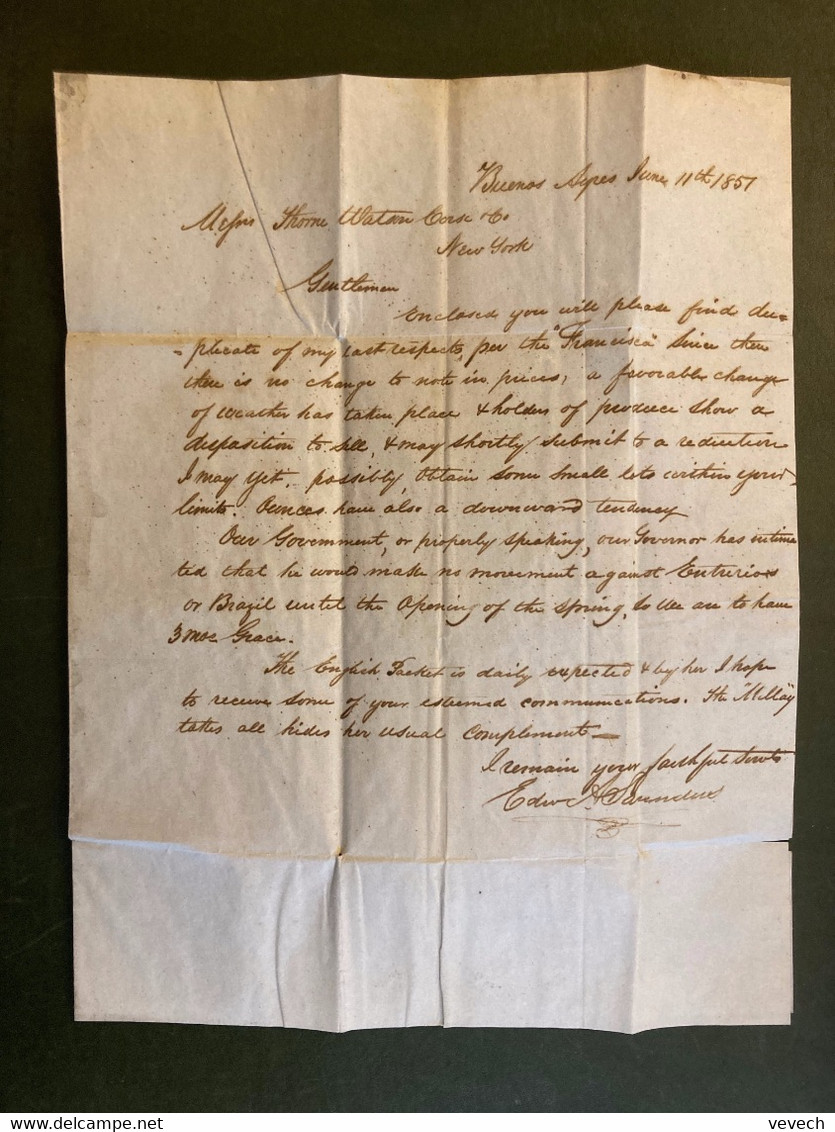 LETTRE (PLI) Datée Buenos Ayres June 11th 1857 OBL. AUG 15 BOSTON + TAXE 7 + Par S.H. MILLAY - …-1845 Préphilatélie