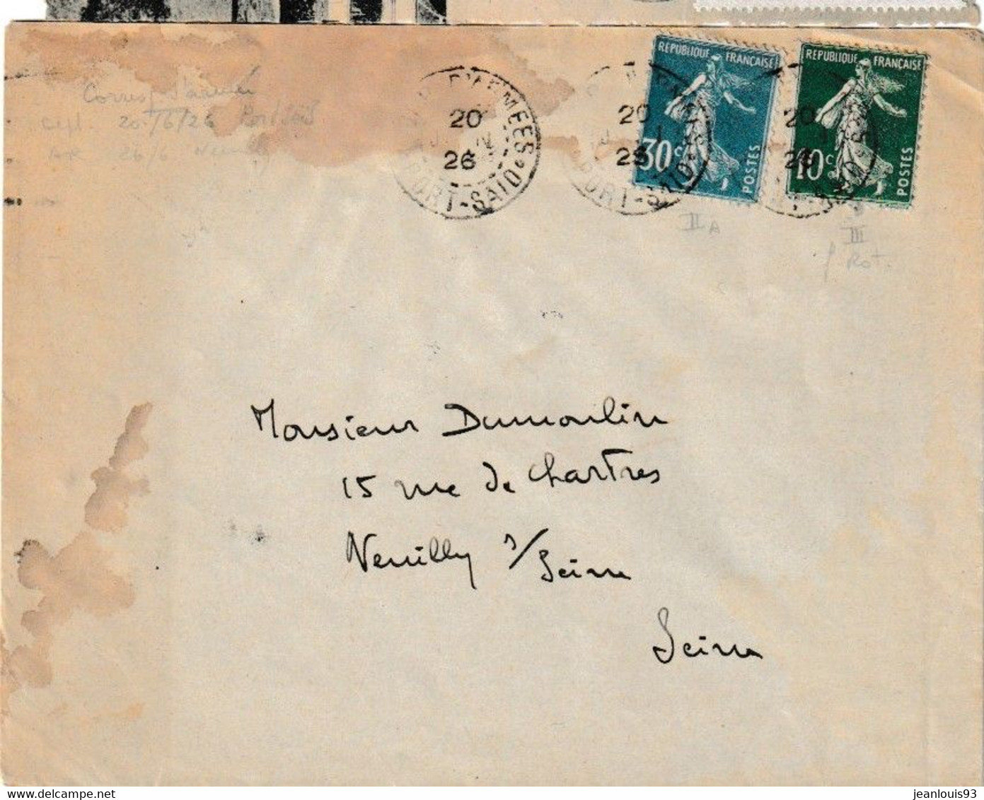 PORT SAID - LETTRE POUR NEUILLY SUR SEINE 1926 CACHET ARRIVEE FLAMME KRAG - Lettres & Documents