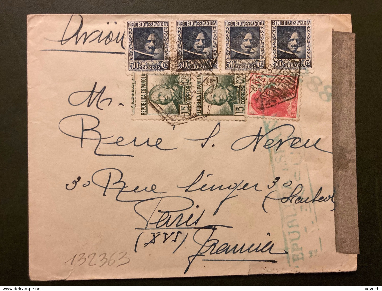 LETTRE Par Avion Pour La FRANCE TP 50c Bande De 4 + 45c + CONCEPCION 15c Paire Variété Piquage Décalé OBL.8 OCT 38 + CEN - Nationalists Censor Marks