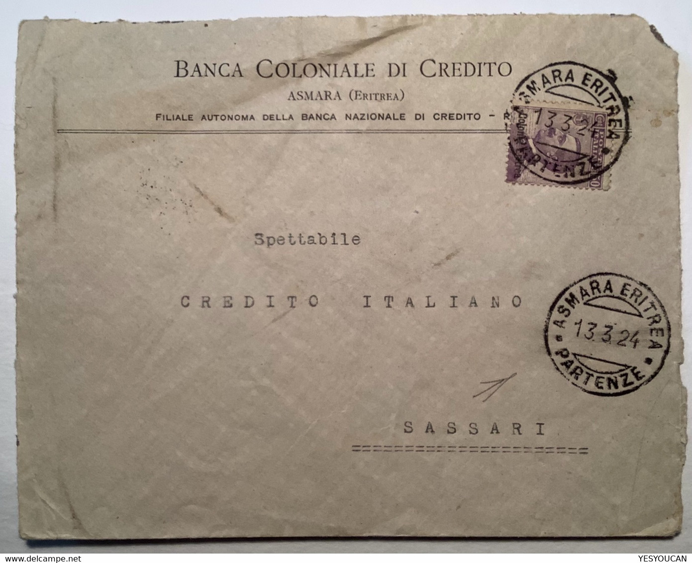 "ASMARA ERITREA 1924"  Sa.39a Michetti 50c Violetto Scuro Cover Banca Coloniale>Sassari (lettera Lettre Erythrée - Eritrea