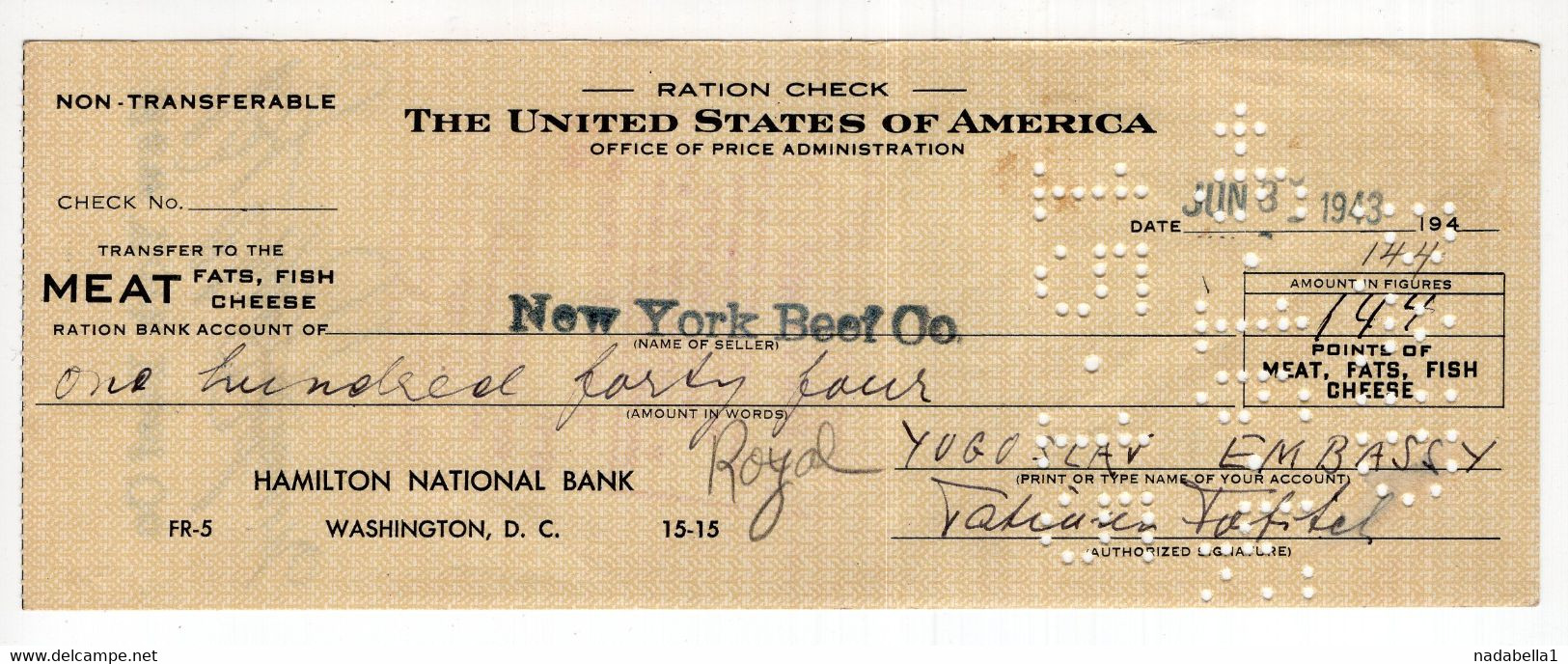1943. UNITED STATES OF AMERICA,RATION CHECK,ROYAL EMBASSY OF YUGOSLAVIA,POINTS FOR MEAT,FATS,FISH AND CHEESE - Etats-Unis