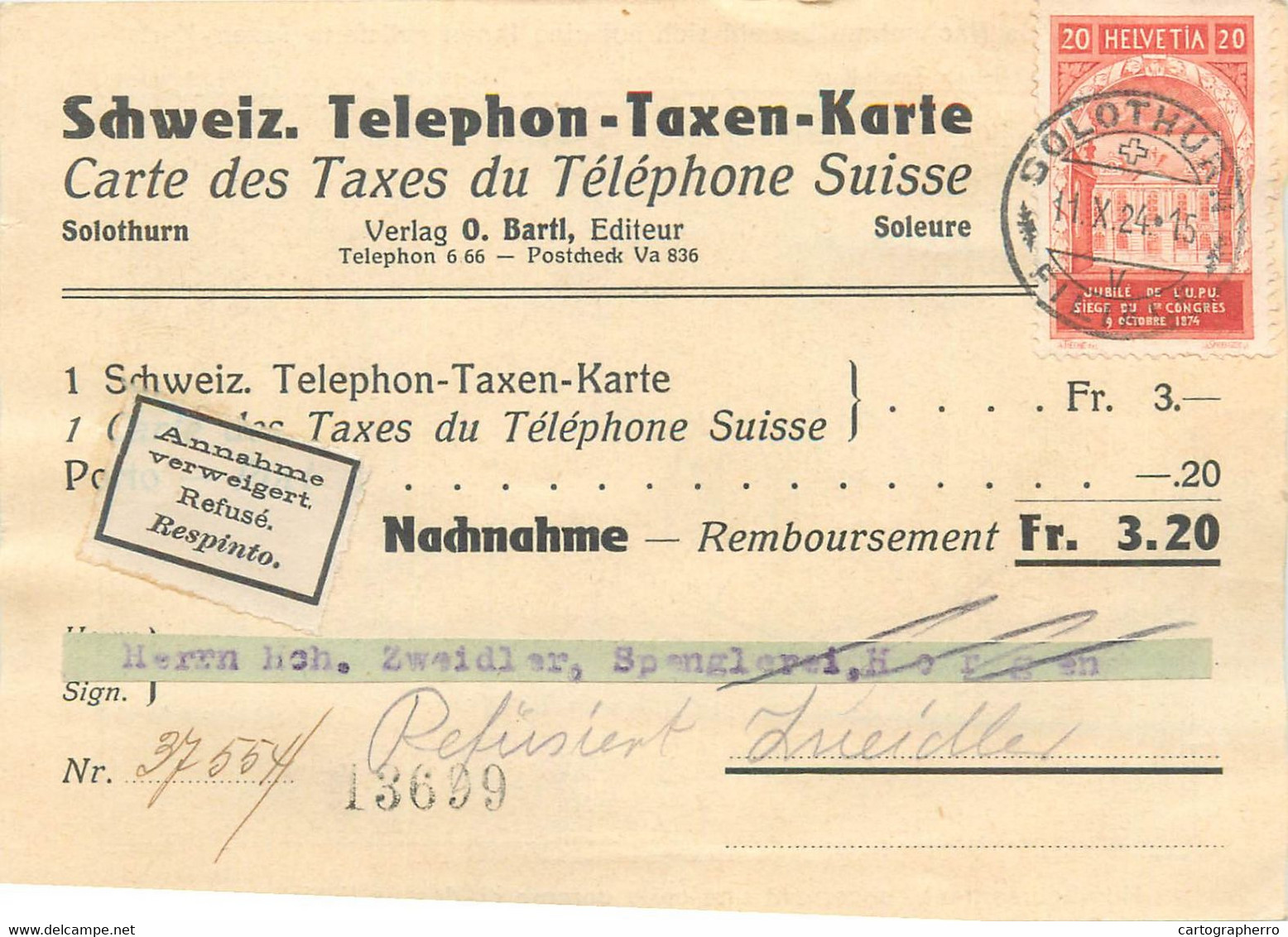 Carte Des Taxes Du Telephone Suisse 1924 Schweiz Telephon Taxen Karte Solothurn Switzerland Map - Télégraphe