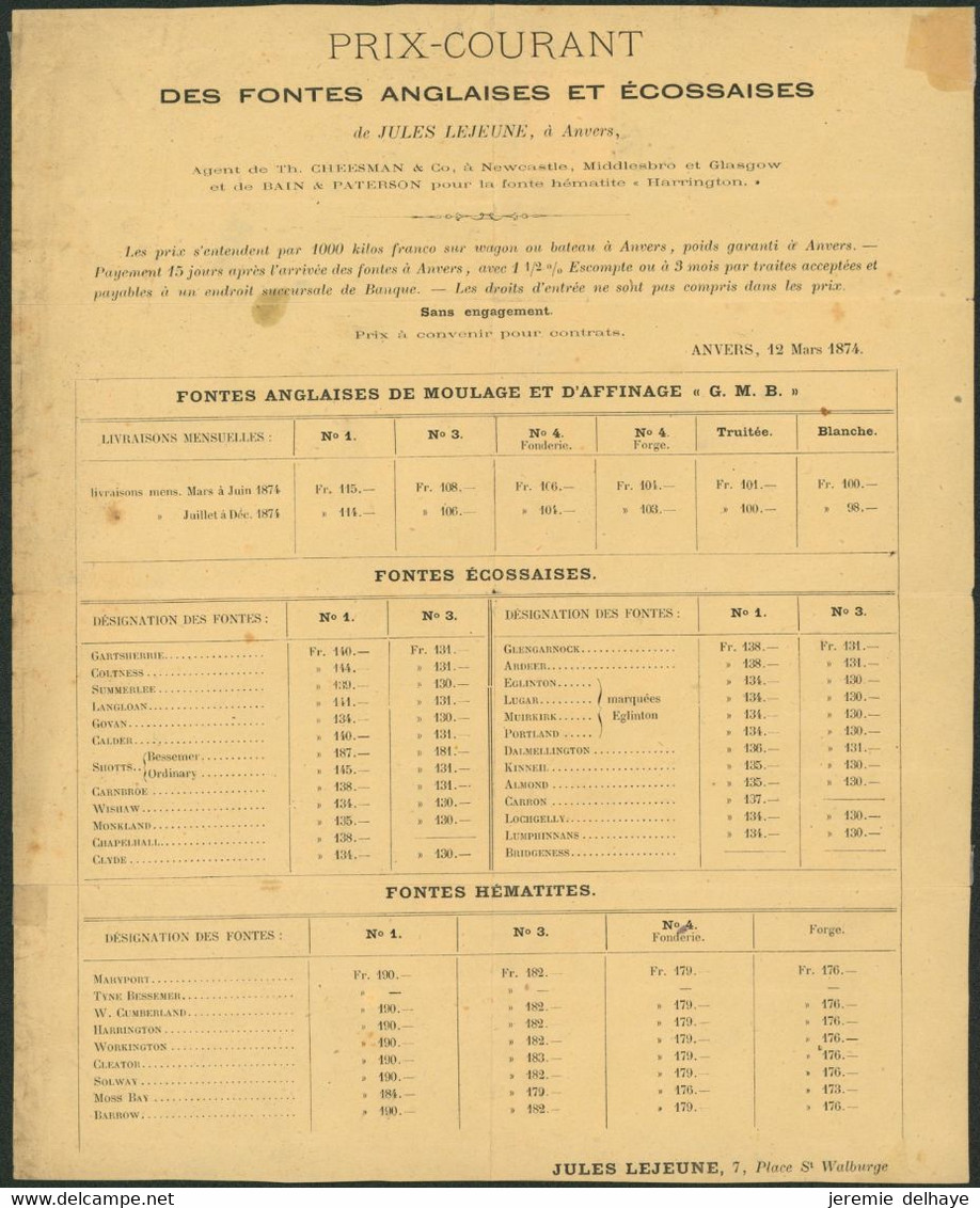 émission 1869 - N°26 + Cachet Imrpimé "PD / Bruxelles" Sur Imprimé Dépliant "Prix Courant Des Fontes Anglaises & écossai - 1869-1888 Lion Couché (Liegender Löwe)