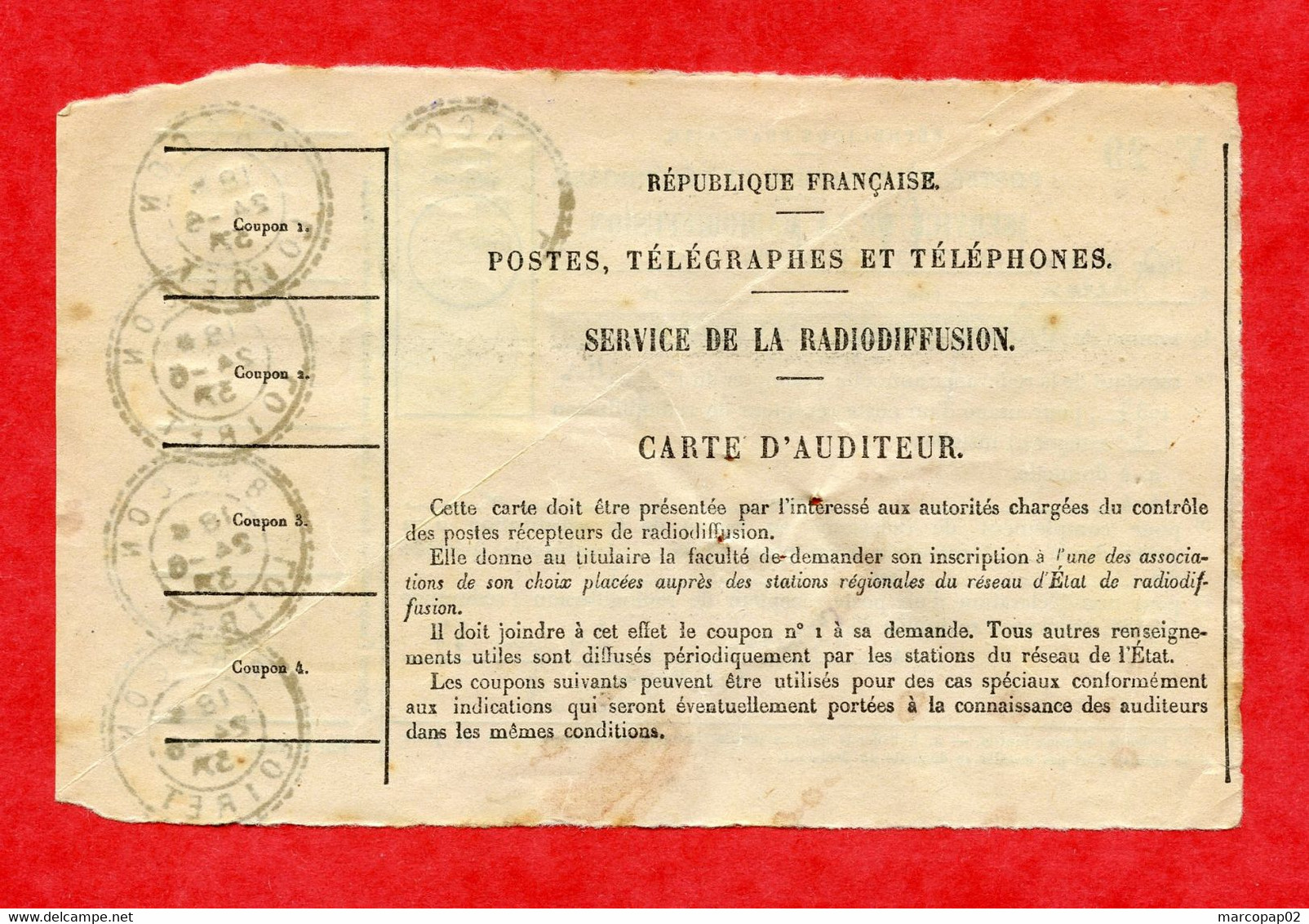 CARTE D'AUDITEUR - TIMBRE FISCAL A 25C - OB BACON LOIRET 24/06/1937 - Radiodiffusione