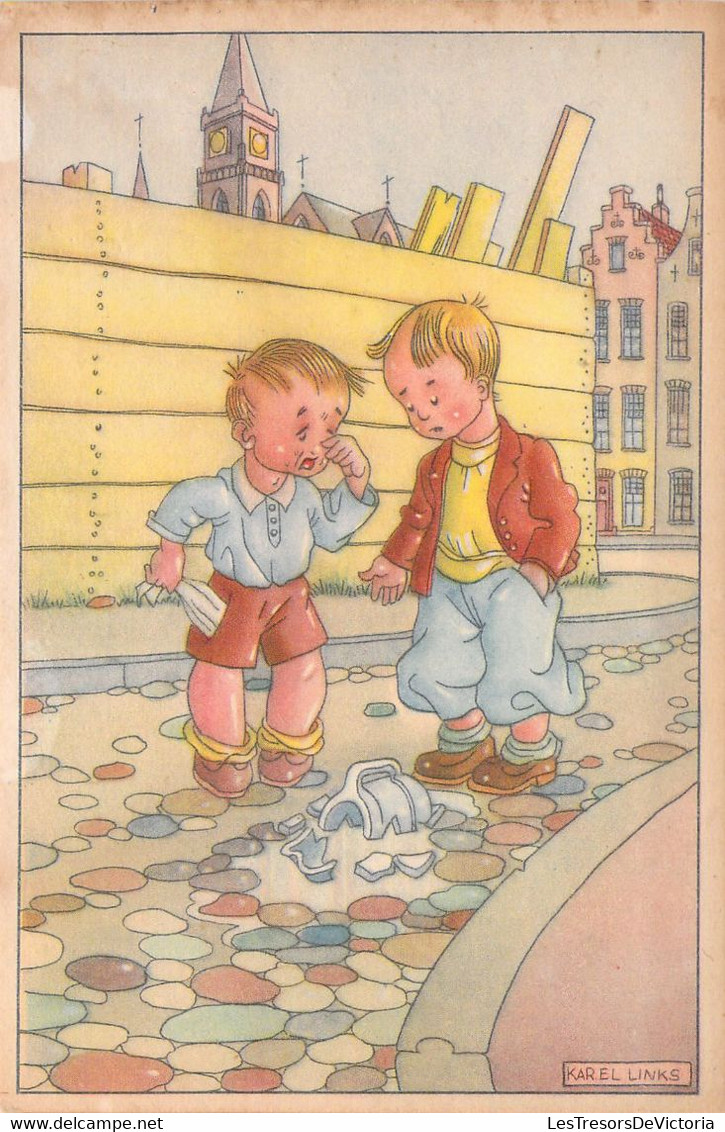 CPA - ILLUSTRATEUR SIGNE - KAREL LINKS - Duo D'enfants Avec Un Pot De Lait Cassé - Links, K.L.