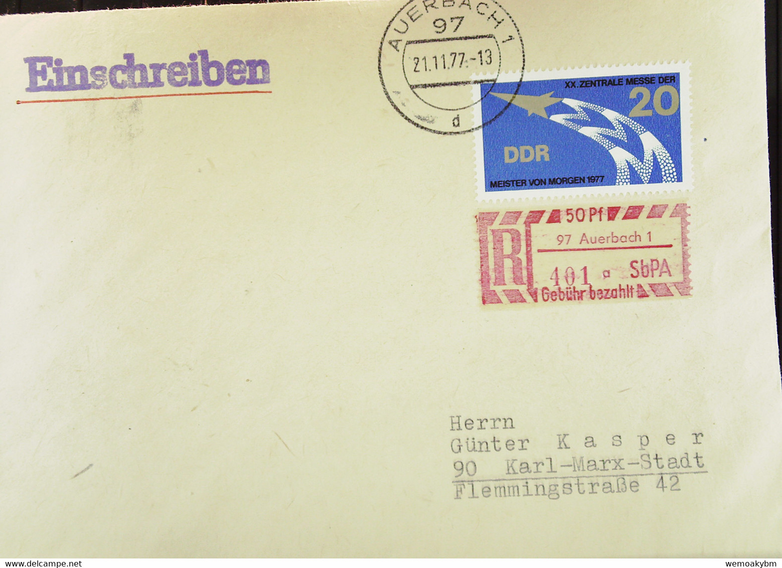 DDR: R-Fern-Brf Mit Selbstbed.-R-Zettel 50 Pf 97 Auerbach 1 (401 A)-mit Einliefgschein 21.11.77 Mit 20 Pf Li Aufst Raket - Labels For Registered Mail