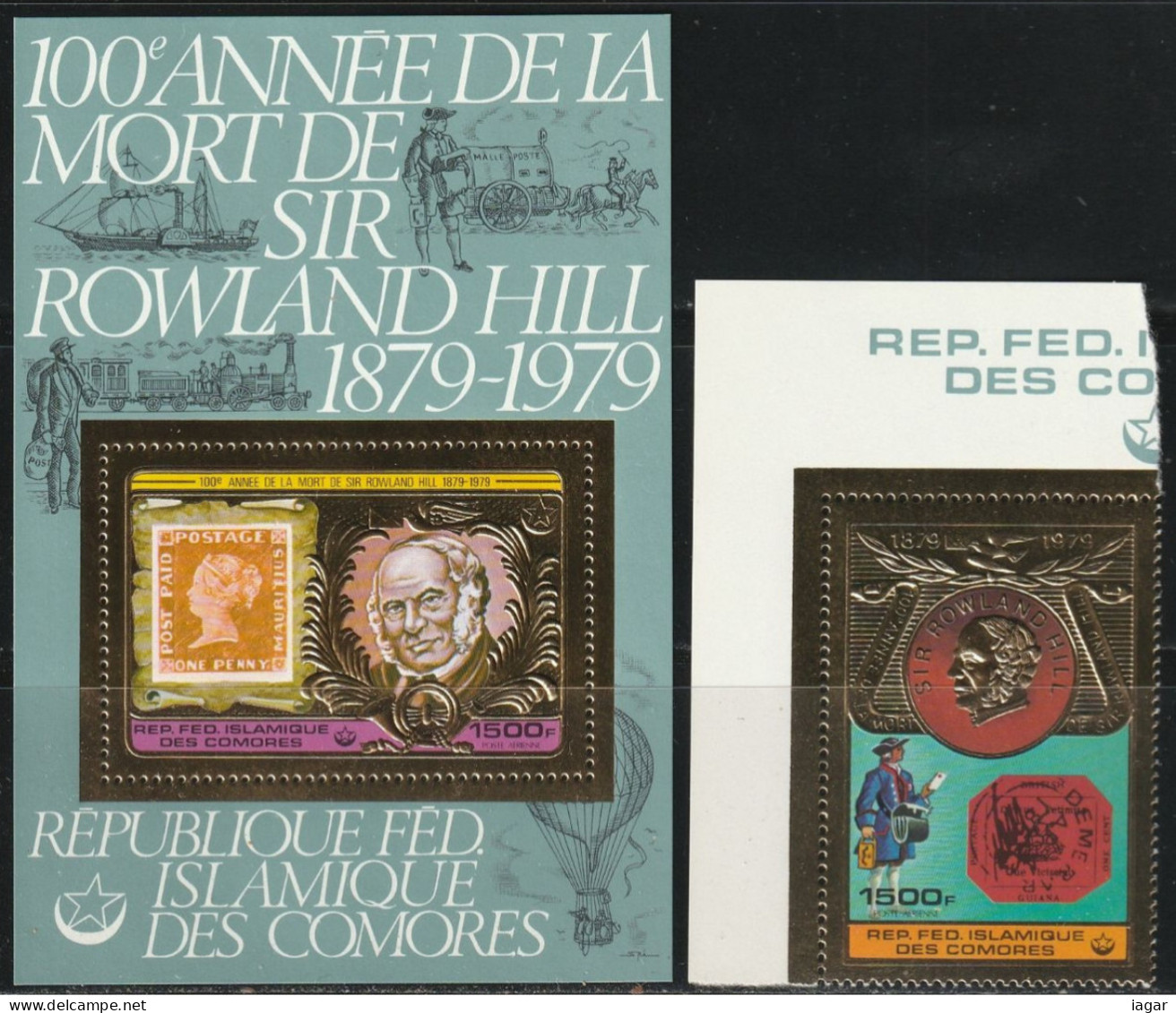 THEMATIC FAMOUS PEOPLE:  ROWLAND HILL CENTENARY.  STAMP ON STAMP.  GOLD PAPER ISSUES  1v+MS   -    COMORES - Rowland Hill