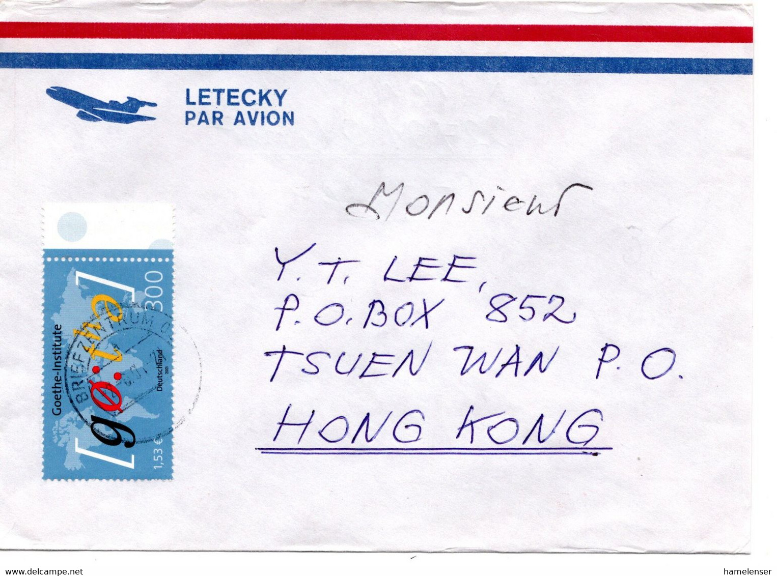 62434 - Bund - 2001 - €1,53/300Pfg Goethe-Institut EF A LpBf BRIEFZENTRUM 02 -> Hong Kong - Briefe U. Dokumente