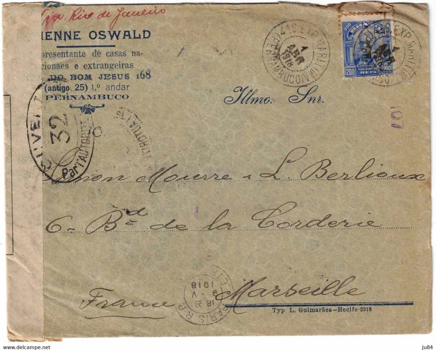 Brazil - Brésil - Pernambuco - Lettre Pour Marseille (France) - Via Rio De Janeiro - Control Postal Militaire - 1918 - Covers & Documents