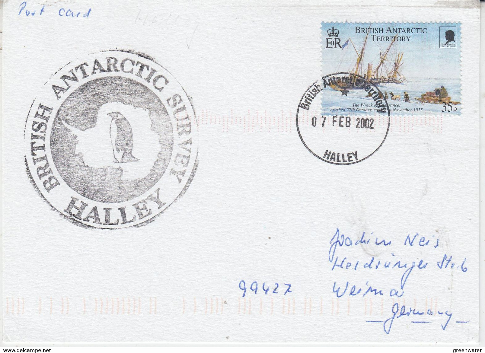 British Antarctic Territory (BAT) Card  Ca Halley 07 FEB 2002 (AT229) - Covers & Documents