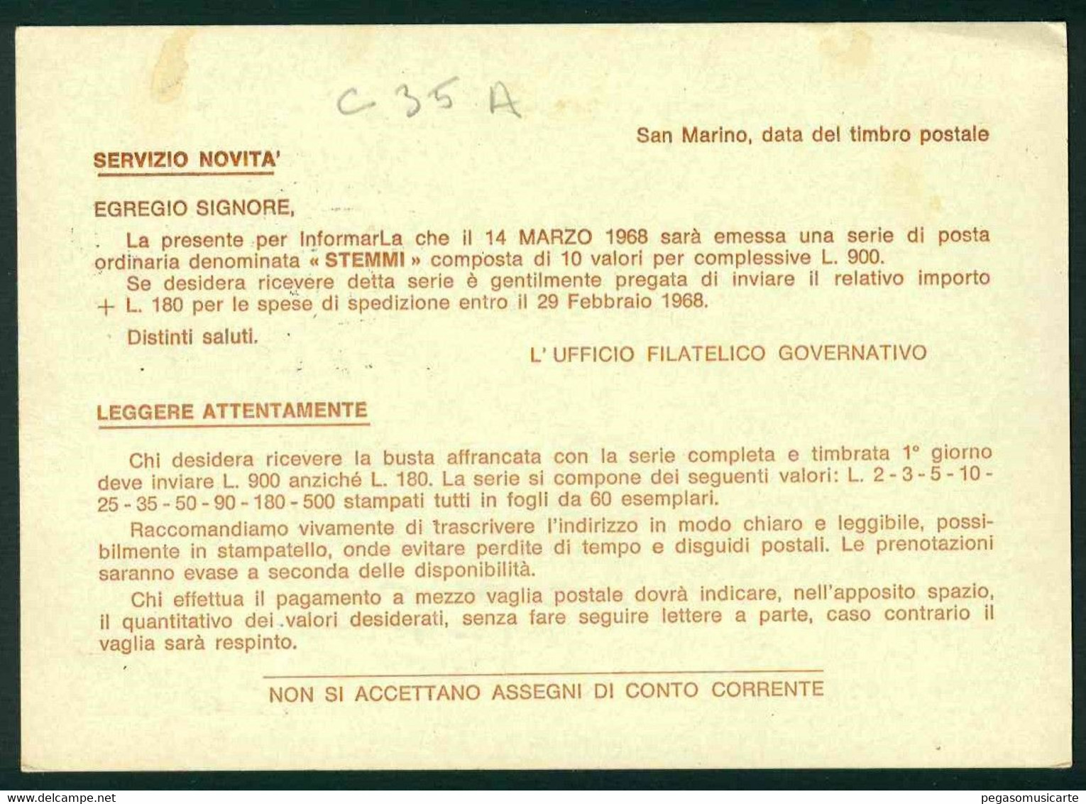 CLG402 - CARTOLINA POSTALE STORIA POSTALE 1968 LIRE 40 UFFICIO FILATELICO GOVERNATIVO - Storia Postale