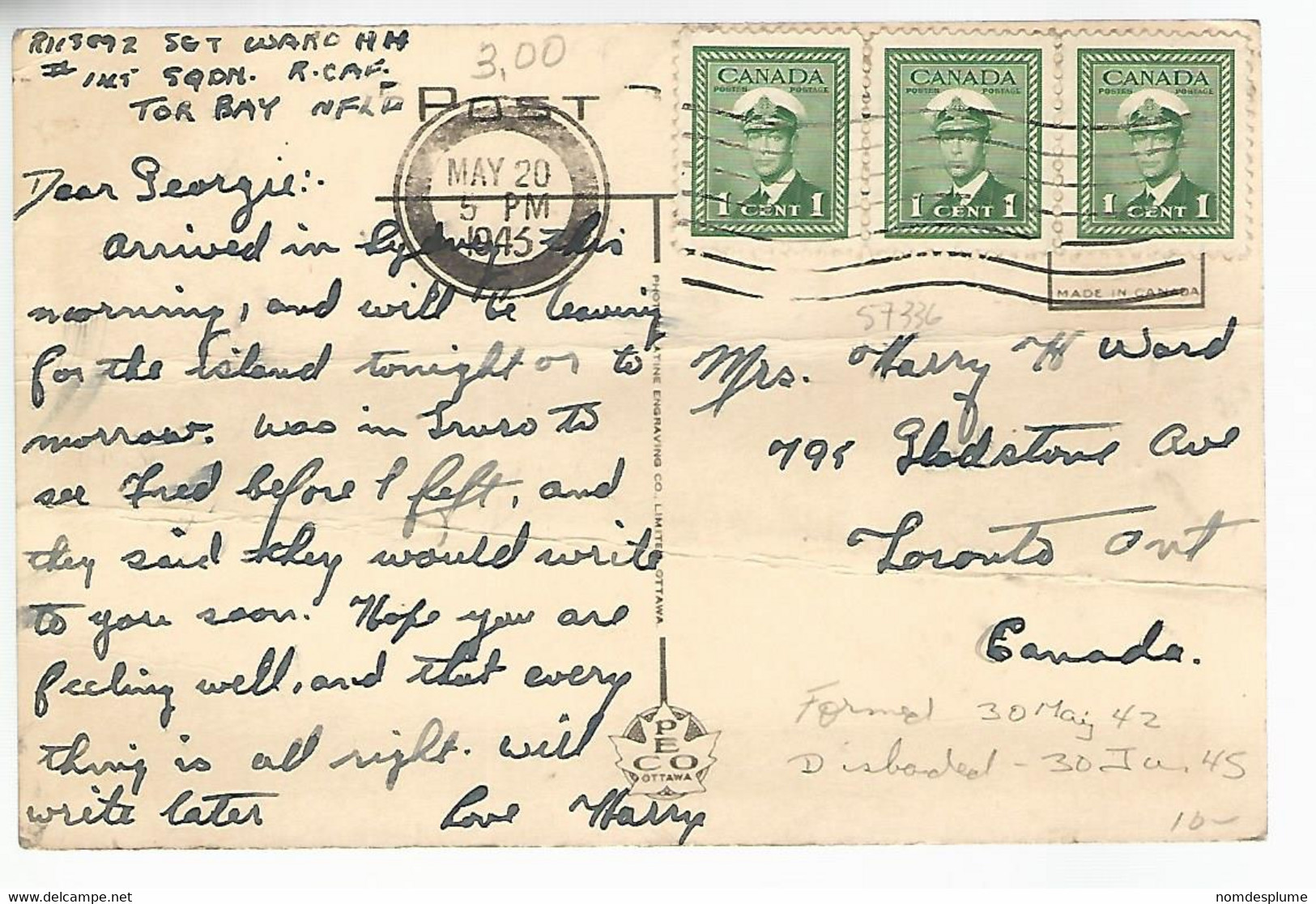 57336) Canada R.C.A.F Torbay NL Military Mail Postmark Cancel 1943 - Cape Breton