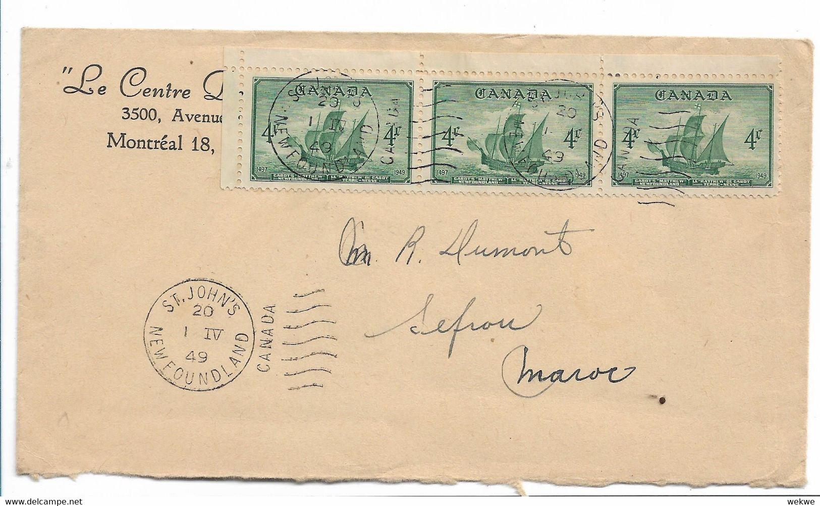 CANADA 109 / Beitritt Von New Foundland Zur Konföderation 1949, Segelschiff Im 3-er Streifen - Covers & Documents