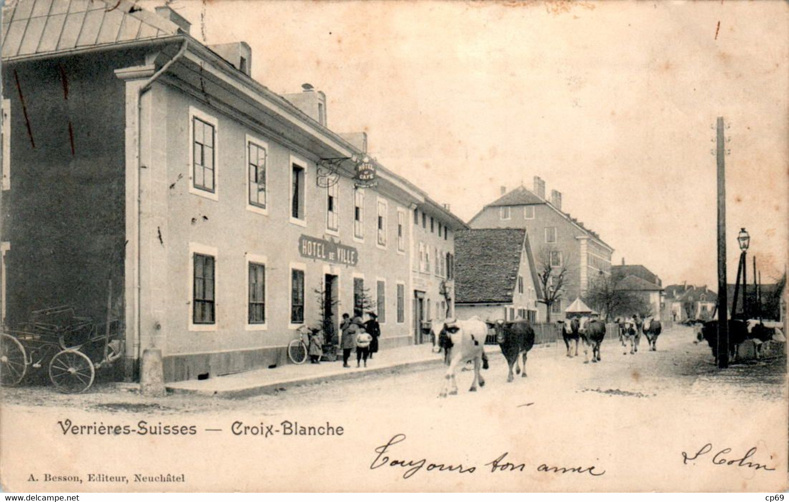 Verrières-Suisses Croix-Blanche Hôtel De Ville Hotel Vélo Bike 自行车 Bicyclette 自転車 Vache 牛 Cow 奶牛 Suisse Dos Non Divisé - Les Verrières