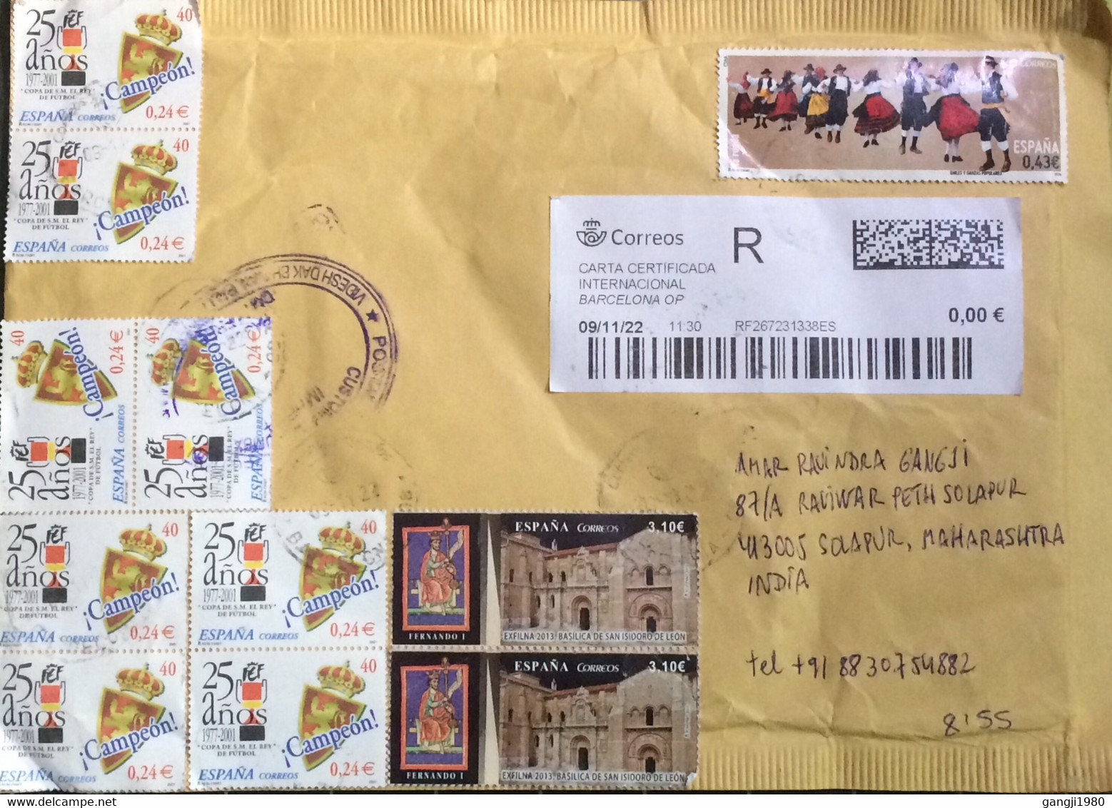 SPAIN 2022, COVER USED TO INDIA, 2013 BASILICA CHURCH, 2001 FOOTBALL, 2009 COSTUME, DANCE, HERITAGE STAMPS USED - Covers & Documents