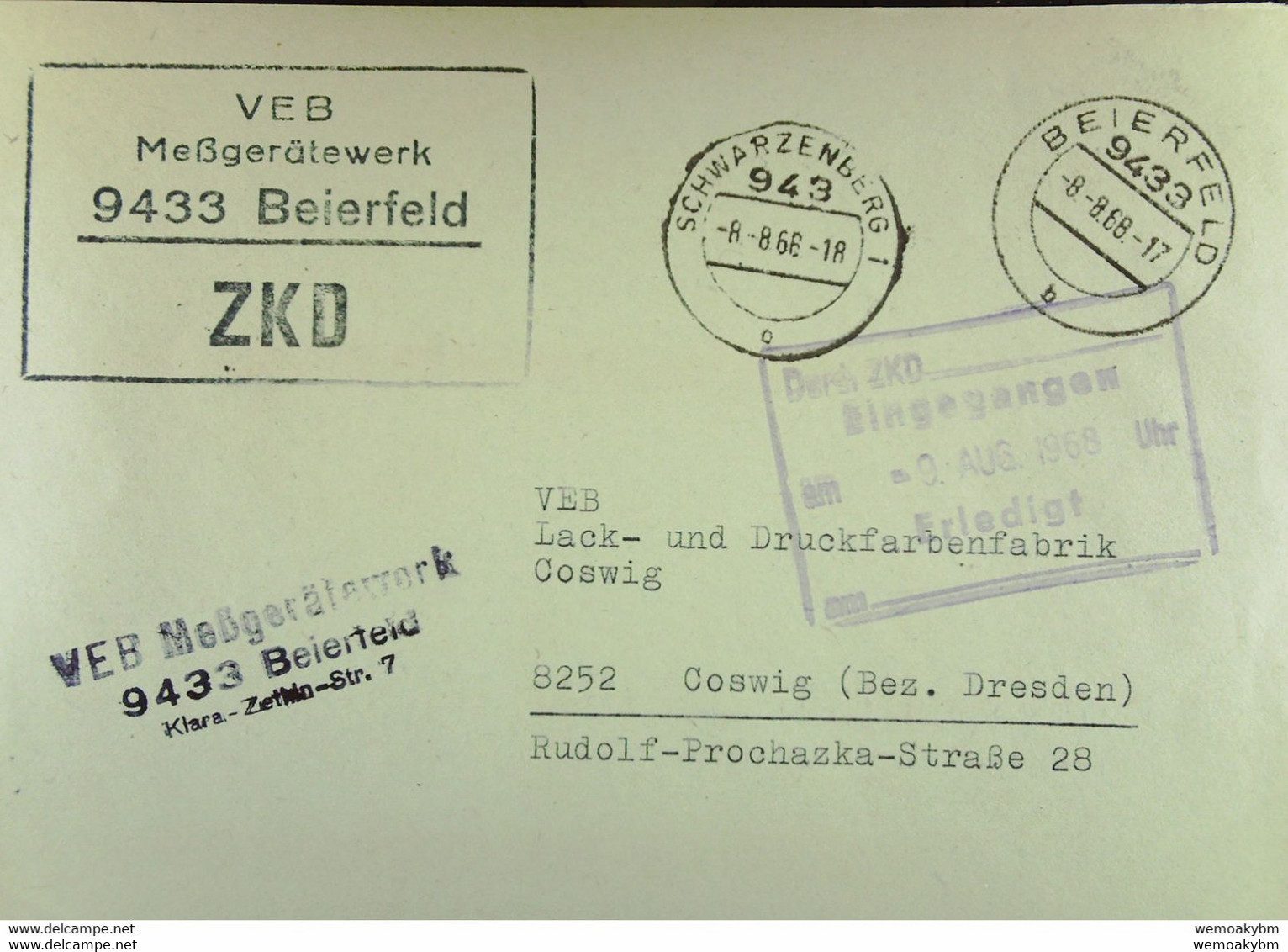 Fern-Brief Mit ZKD-Kastenstempel "VEB Meßgerätewerk 9433 Beierfeld" Vom 8.8.68 An Lack- Und Druckfarben Coswig - Zentraler Kurierdienst