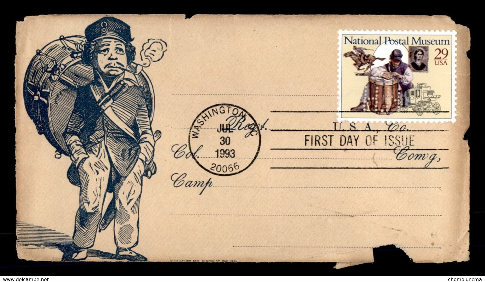 USA 1993 Civil War Soldier Drummer Drum Message Missive Pony Express National Postal Museum On Old Military Cover Regt.. - 1991-2000