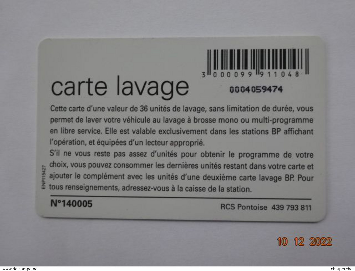 CARTE A PUCE CHIP CARD LAVAGE AUTO BP 36 UNITES - Car Wash Cards