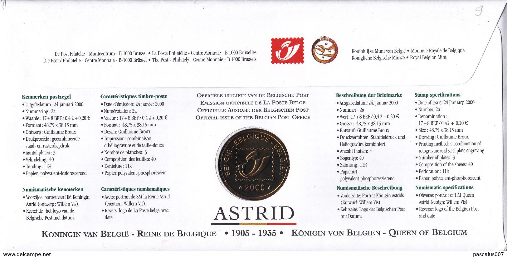 15 2879  NS FDC 1352  Belgique  Numisletter  Royal Dynastie Couronne Reine Astrid 3520 Zonhoven 22-1-2000 - Numisletters