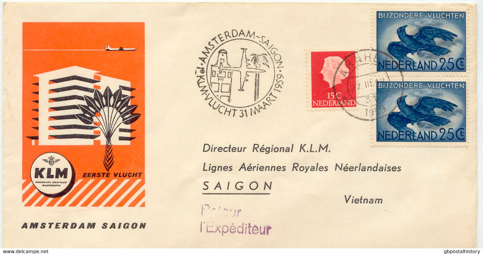 NIEDERLANDE 31.03.1959, KLM Selt. Pracht-Erstflug "Amsterdam - Saigon (Vietnam)" (DVH520a) - Airmail