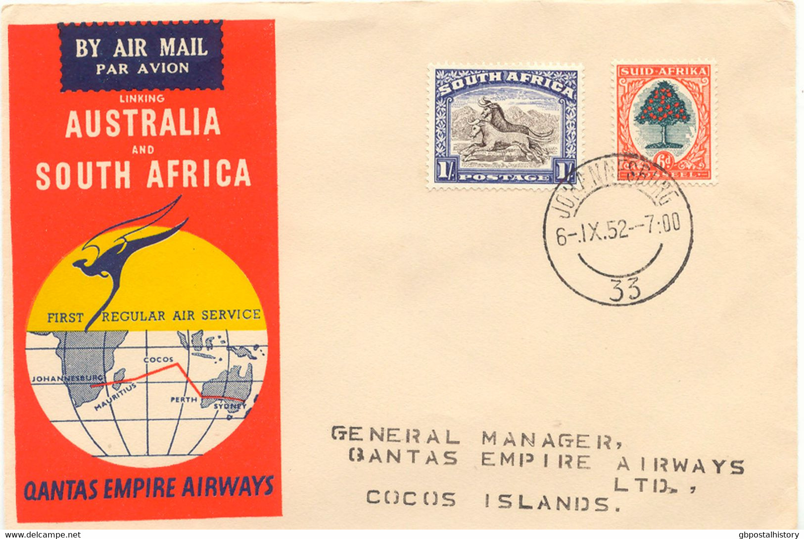 SÜDAFRIKA 1952 Mischfrankatur A. 3 Selt. Kab.-Erstflüge Der Qantas Empire Airways, Teilstrecken "JOHANNESBURG - COCOS IS - Airmail