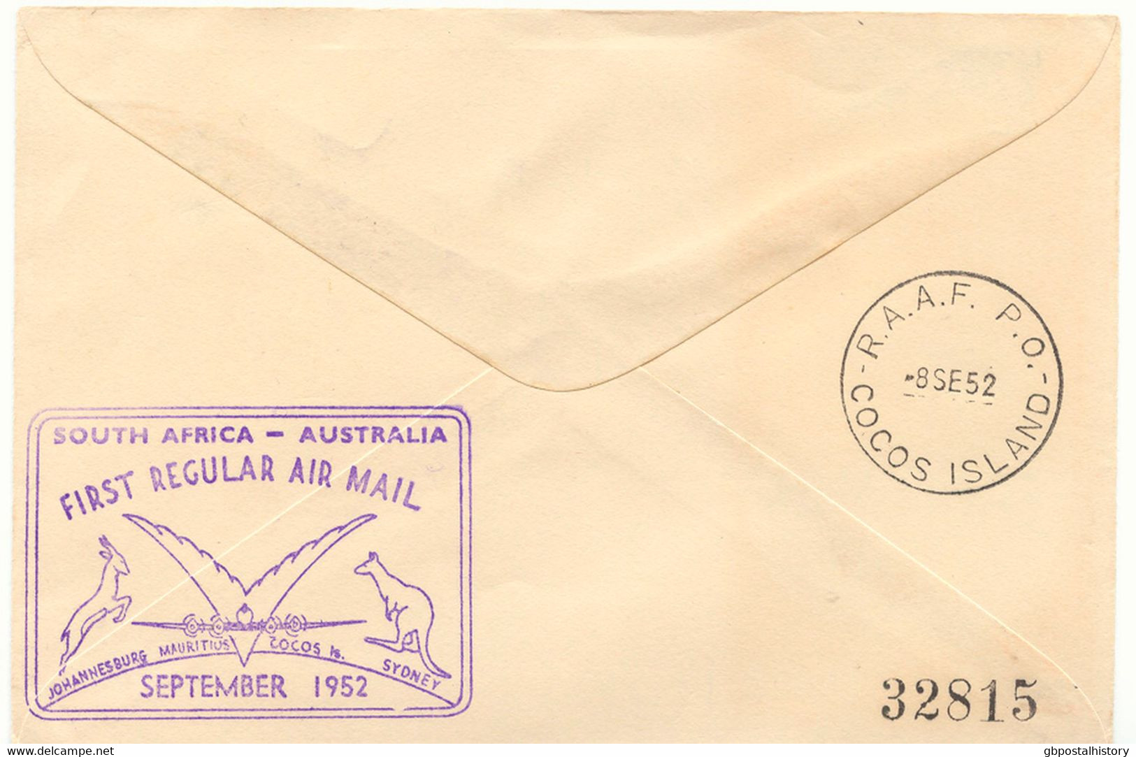 SÜDAFRIKA 1952 Mischfrankatur A. 3 Selt. Kab.-Erstflüge Der Qantas Empire Airways, Teilstrecken "JOHANNESBURG - COCOS IS - Poste Aérienne