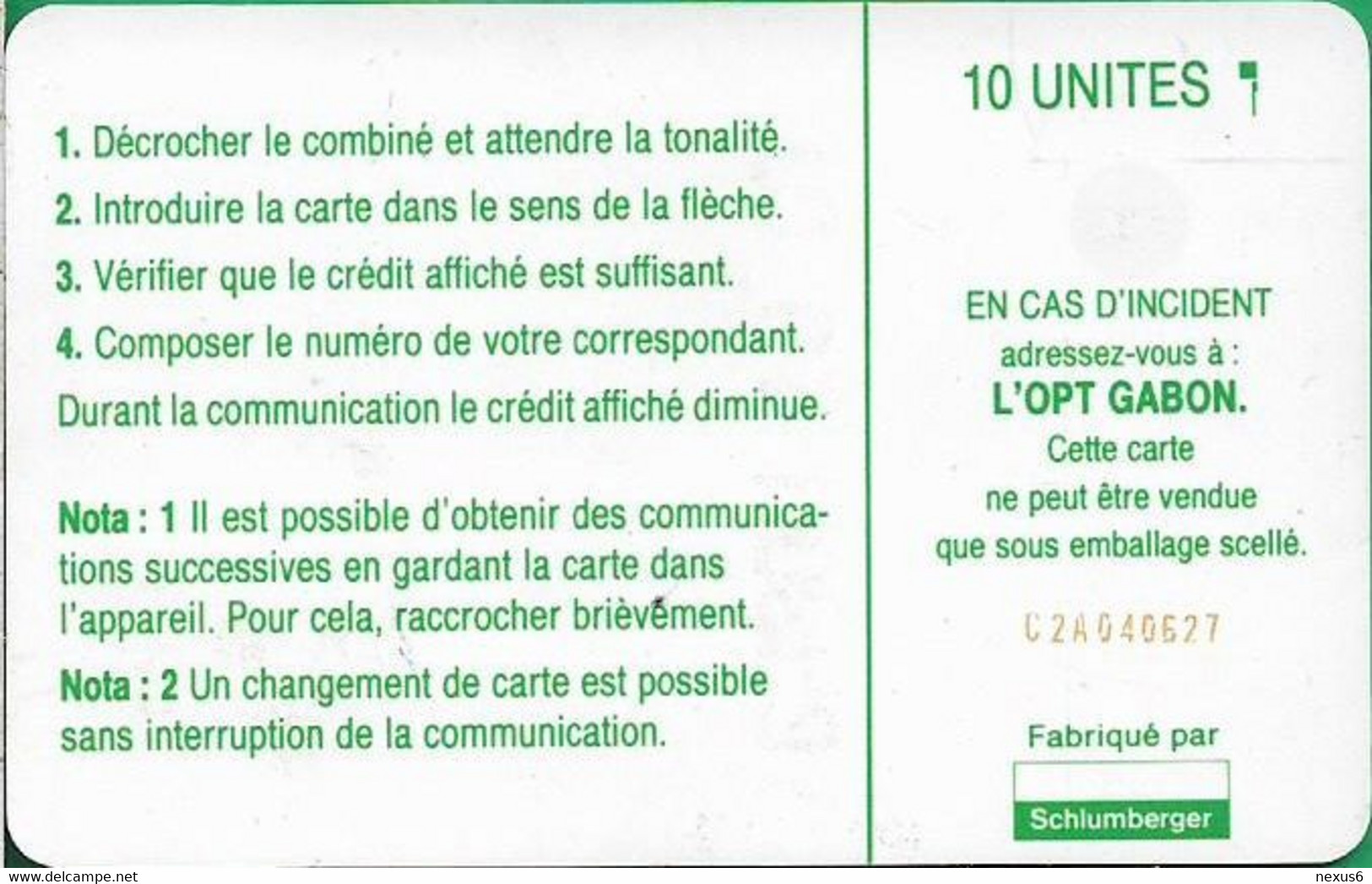 Gabon - OPT (Chip) - Logo (Green) - SC4 SB Afnor, Cn. C2A040627, 10Units, Used - Gabun