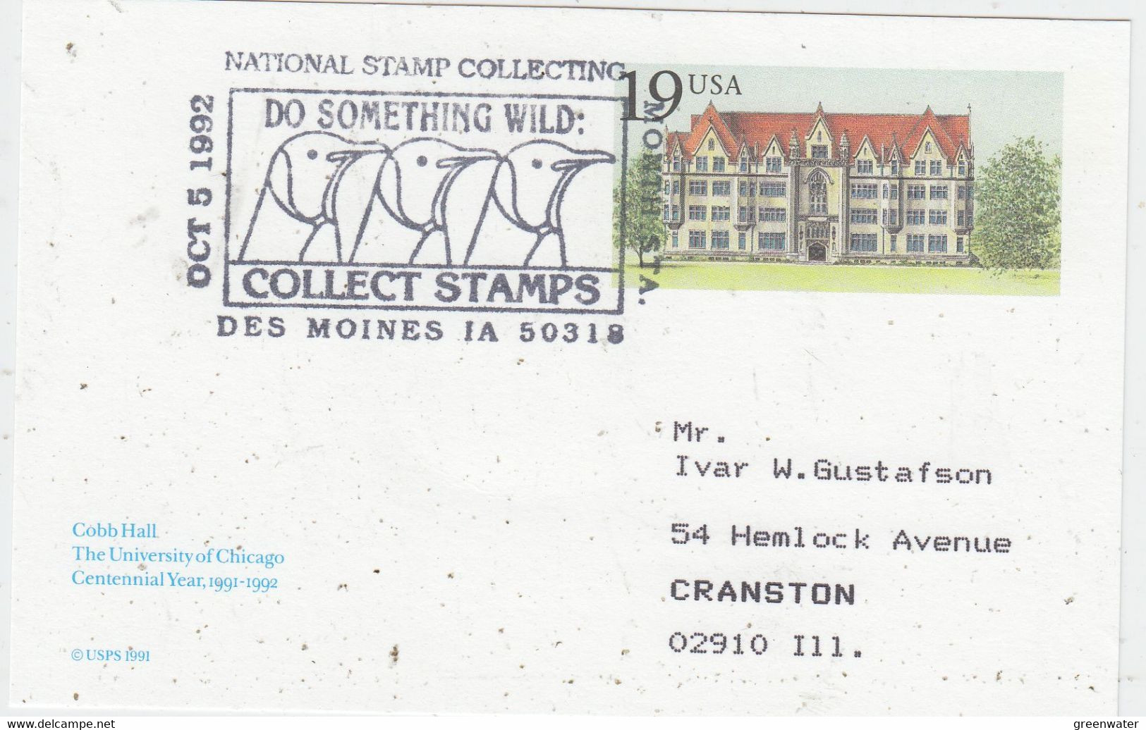 USA Postal Stationery Ca With Penguins Ca Des Moines OCT 5 1992 (XA162A) - Antarctische Fauna