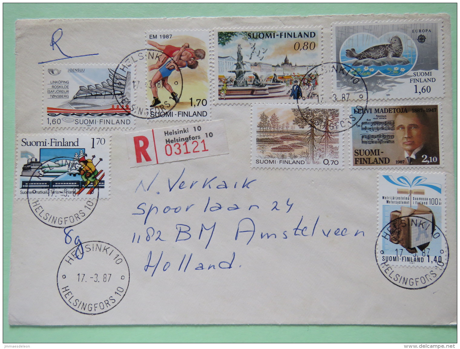 Finland 1987 Registered Cover Helsinki To Holland - Seal Europa CEPT - Nordic Cooperation - Wrestling - Forest - Music - Lettres & Documents