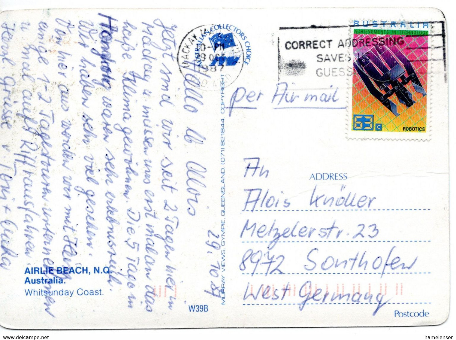 62527 - Australien - 1987 - 63￠Automatisierung EF A LpAnsKte MACKAY MAIL CENTRE QLD - ... -> Westdeutschland - Brieven En Documenten