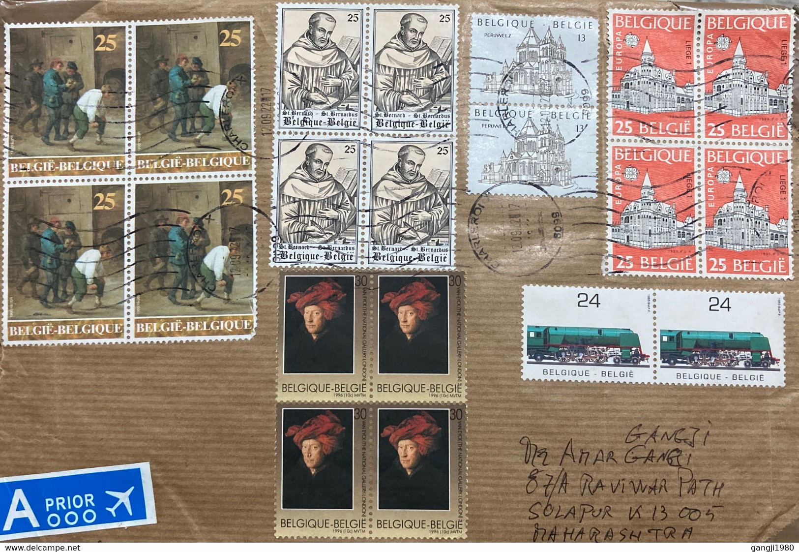 BELGIUM 2022, COVER USED TO INDIA,1996  ART, PAINTING, 1985 RAILWAY, 1990 EUROPA, ST.BERNARD ,1988 PERUWELZ , 20 STAMPS, - Covers & Documents
