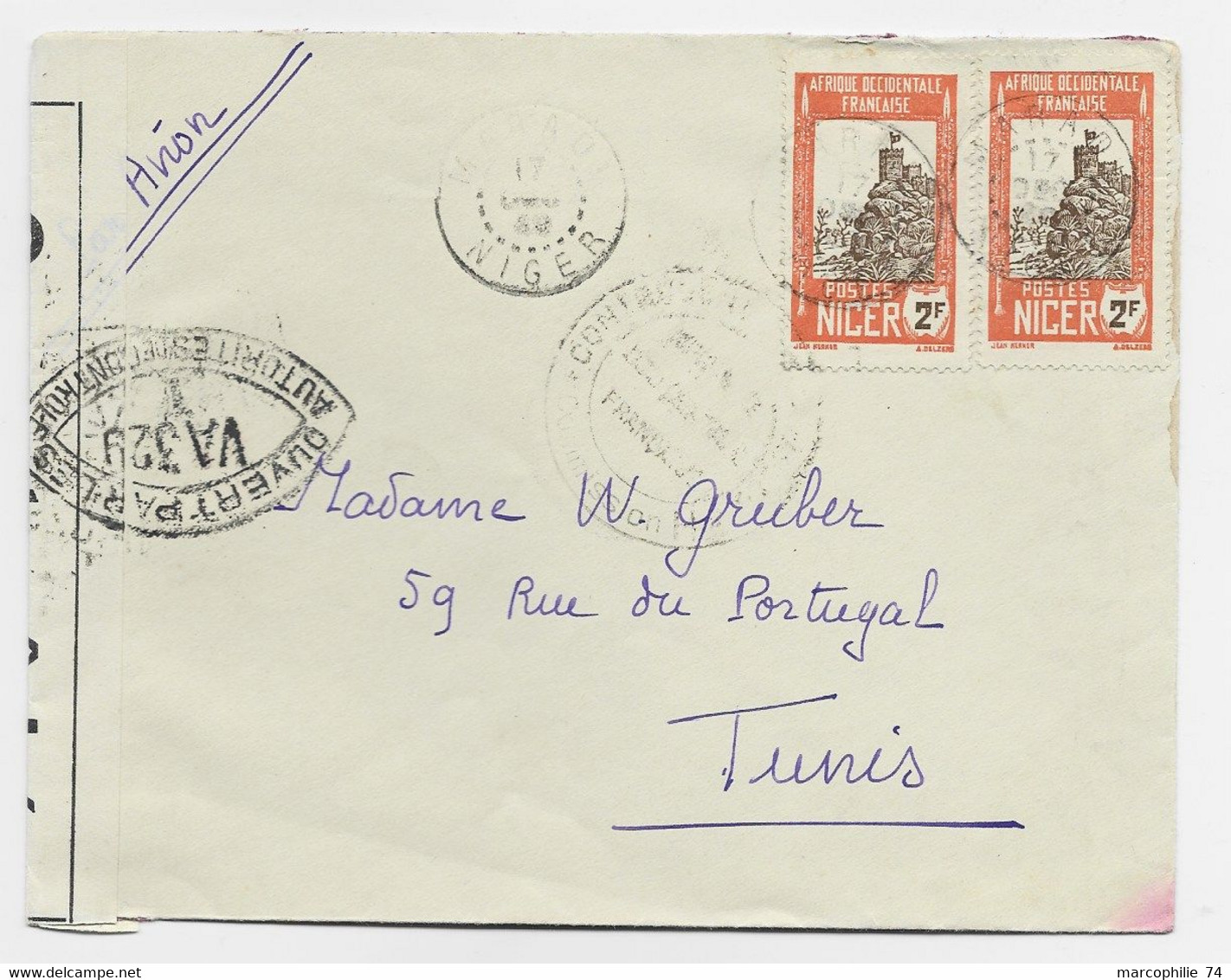 NIGER 2FRX2 LETTRE COVER AVION MATADI 1940 TO TUNISIE CENSURE OUVERT VA 329I - Storia Postale