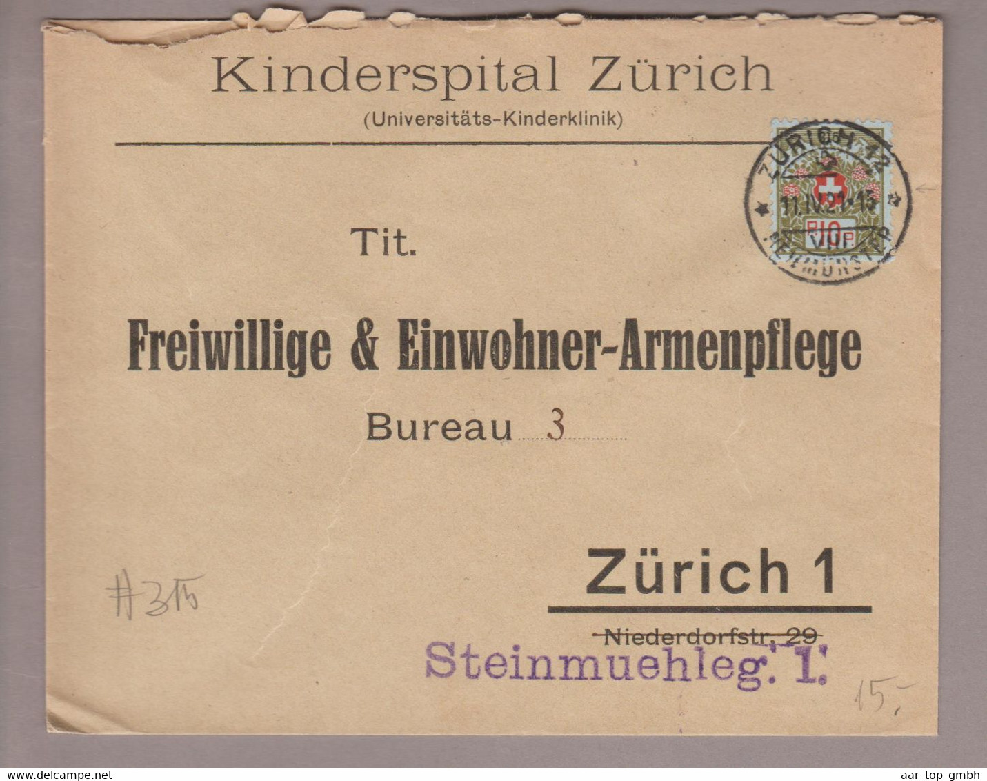 CH Portofreiheit Zu#5A Kl#315 10Rp. Ortsbrief Kinderspital Zürich - Franchise