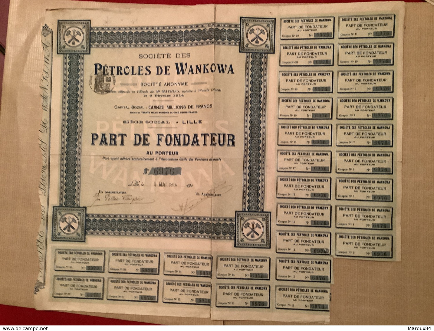 Sté Des Pétroles De Wankowa Part Fondateur Siège Sociale Lille - Erdöl