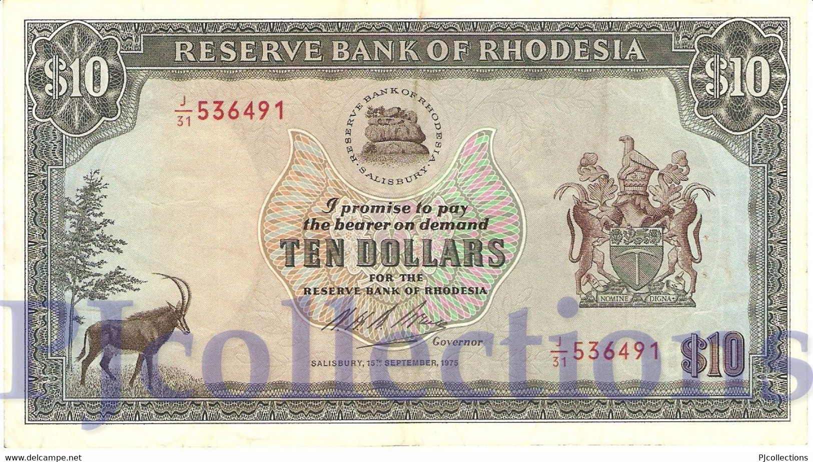 RHODESIA 10 DOLLARS 1975 PICK 33g VF - Rhodesia